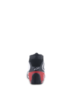 Alpinestars Tech-1 T V3 Shoes FIA, scarpe da auto racing, bianco, nero e rosso, vista posteriore che mostra il tallone rosso e la suola testurizzata nera, logo Alpinestars bianco sulla tomaia in pelle nera