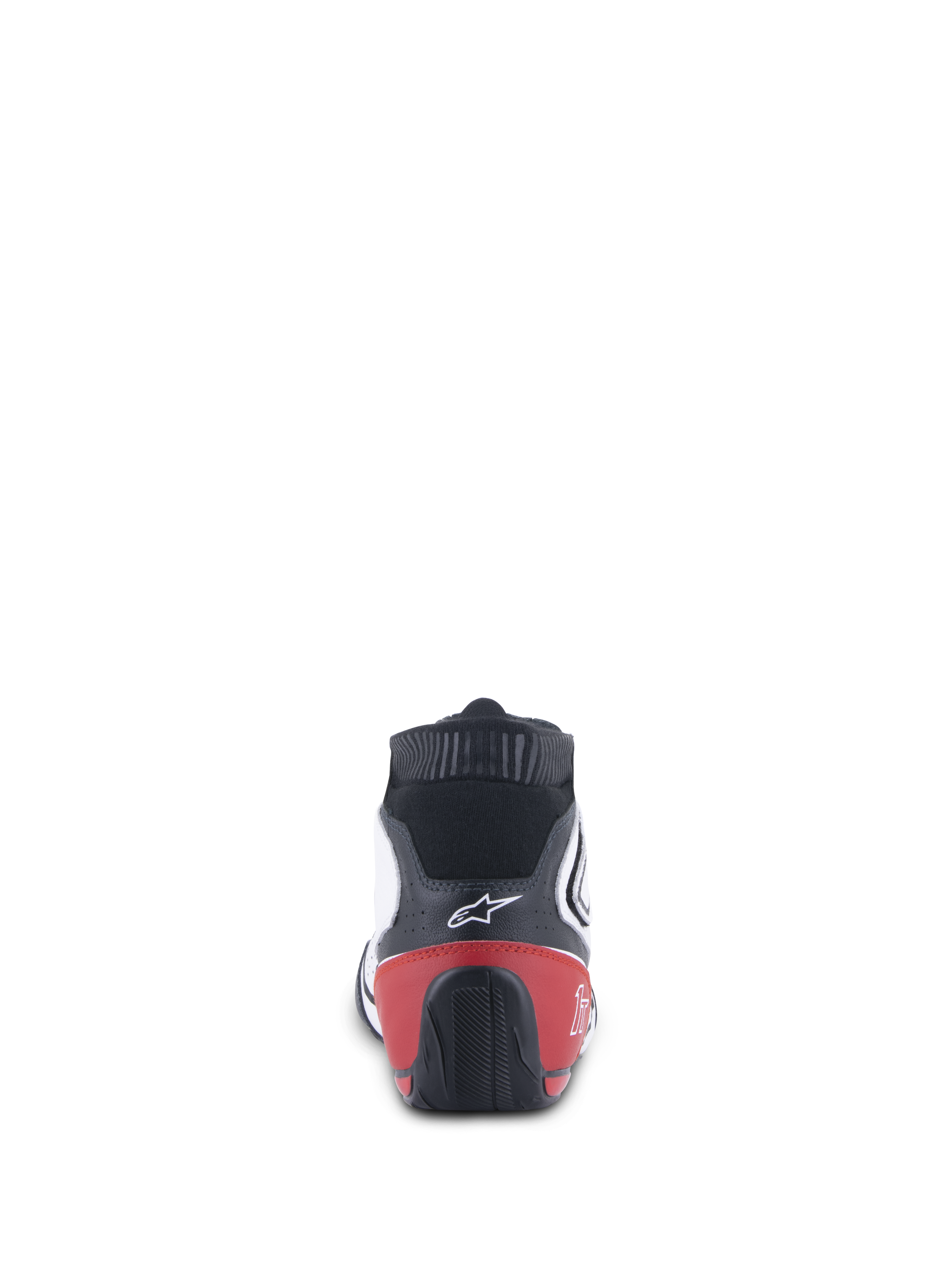 Alpinestars Tech-1 T V3 Shoes FIA, scarpe da auto racing, bianco, nero e rosso, vista posteriore che mostra il tallone rosso e la suola testurizzata nera, logo Alpinestars bianco sulla tomaia in pelle nera