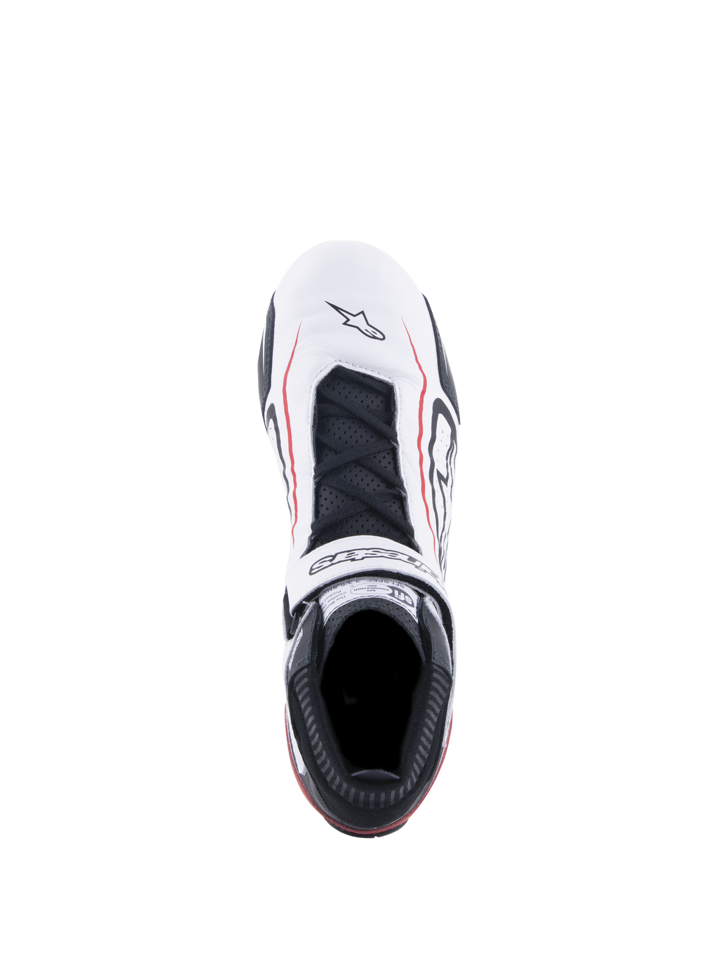 Alpinestars Tech-1 T V3 Shoes FIA, scarpe da racing, bianco, nero e rosso, vista dall'alto con tomaia in pelle bianca e linee di accento rosse, lacci neri, cinturino a strappo logato ed etichetta di certificazione SFI sulla linguetta