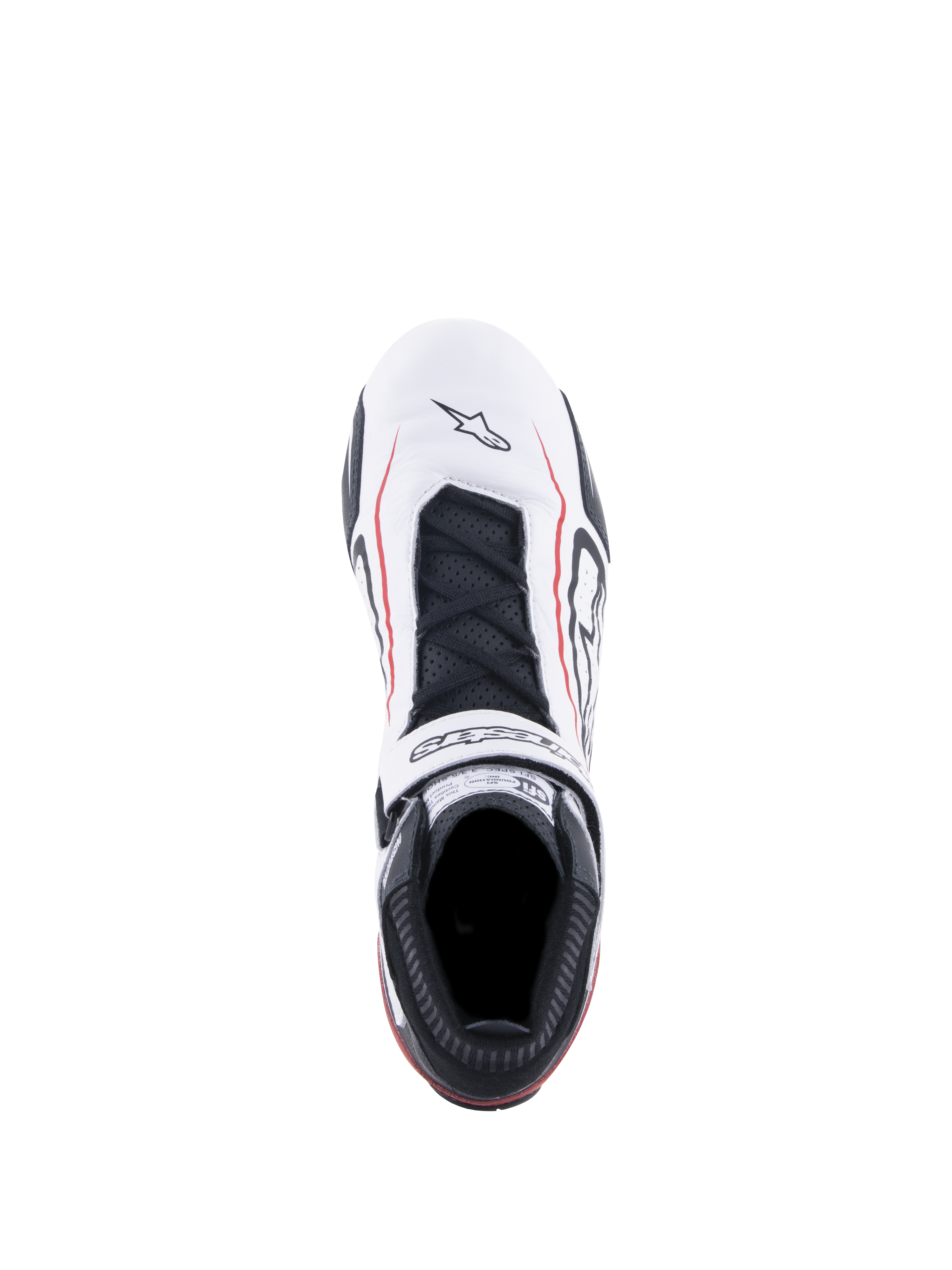 Alpinestars Tech-1 T V3 Shoes FIA, scarpe da racing, bianco, nero e rosso, vista dall'alto con tomaia in pelle bianca e linee di accento rosse, lacci neri, cinturino a strappo logato ed etichetta di certificazione SFI sulla linguetta