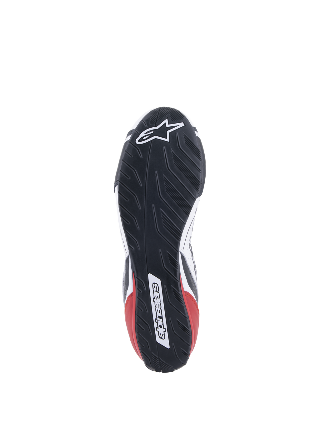 Alpinestars Tech-1 T V3 Shoes FIA, scarpe da corsa auto, bianco, nero e rosso, vista dettagliata della suola in gomma ispirata al battistrada asimmetrico degli pneumatici, con logo e marchio Alpinestars, design della suola resistente all'olio e idrorepellente