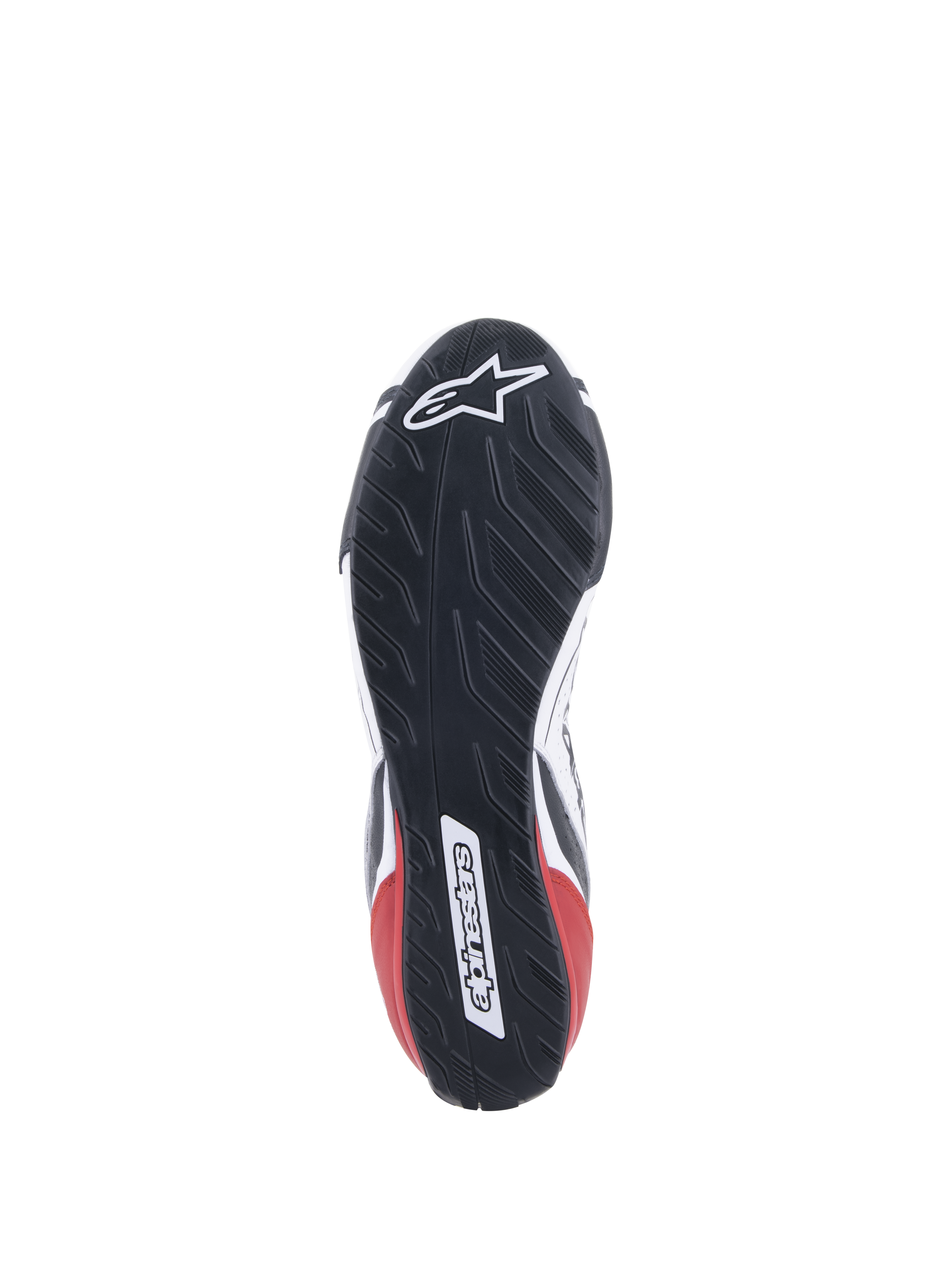 Alpinestars Tech-1 T V3 Shoes FIA, scarpe da corsa auto, bianco, nero e rosso, vista dettagliata della suola in gomma ispirata al battistrada asimmetrico degli pneumatici, con logo e marchio Alpinestars, design della suola resistente all'olio e idrorepellente