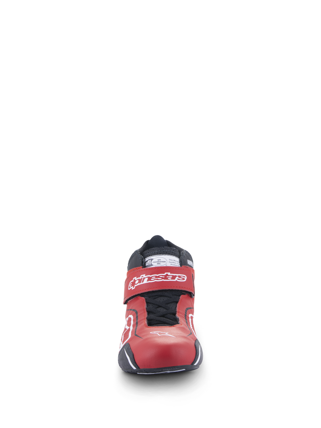 Alpinestars Scarpe Tech-1 T V3 FIA, scarpe da racing auto, rosso, nero e bianco, vista frontale che mostra il design elegante in pelle, cinturino regolabile sulla caviglia con logo bianco e sistema di chiusura con lacci neri.
