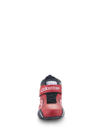 Alpinestars Scarpe Tech-1 T V3 FIA, scarpe da racing auto, rosso, nero e bianco, vista frontale che mostra il design elegante in pelle, cinturino regolabile sulla caviglia con logo bianco e sistema di chiusura con lacci neri.