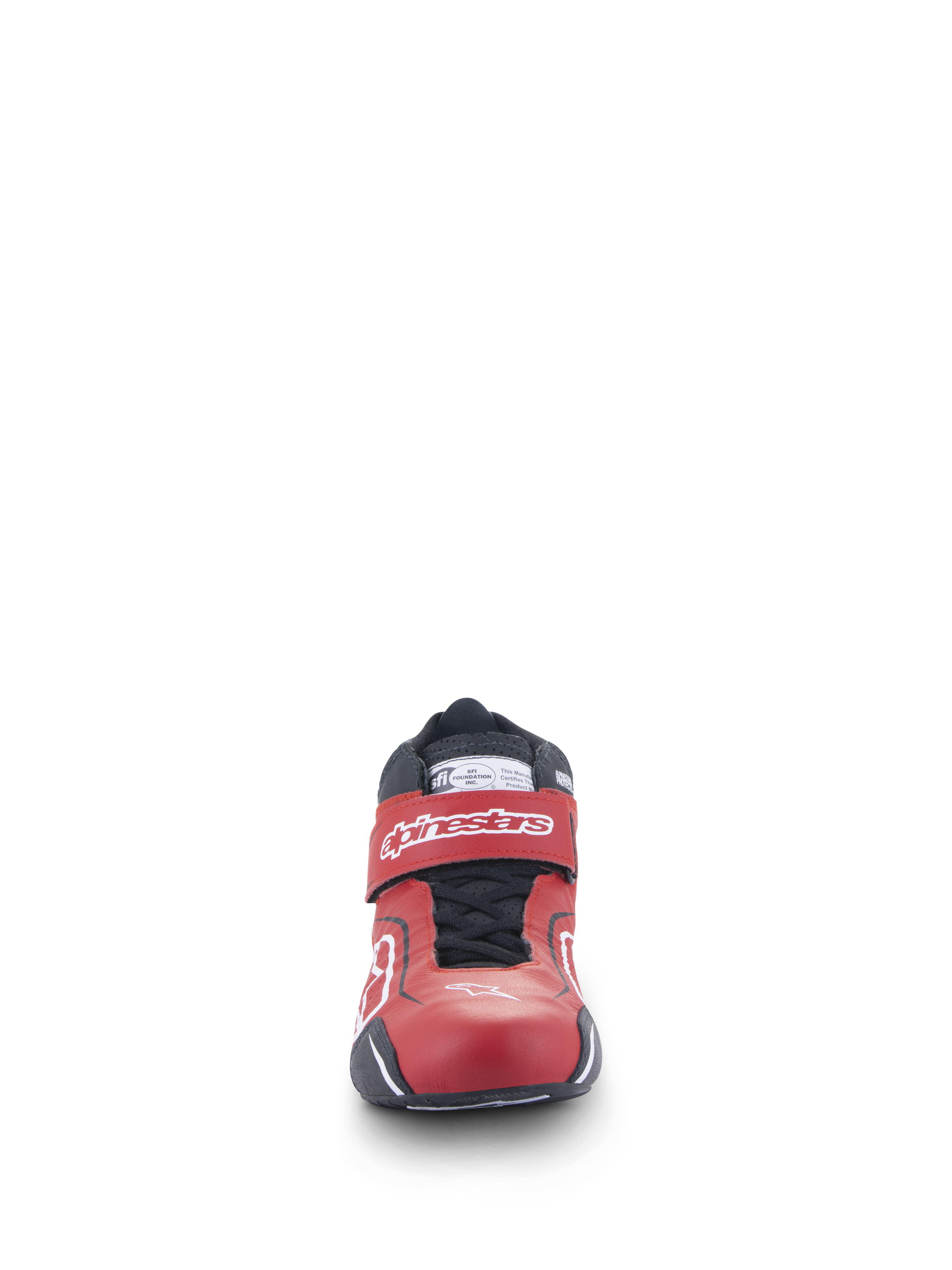 Alpinestars Scarpe Tech-1 T V3 FIA, scarpe da racing auto, rosso, nero e bianco, vista frontale che mostra il design elegante in pelle, cinturino regolabile sulla caviglia con logo bianco e sistema di chiusura con lacci neri.