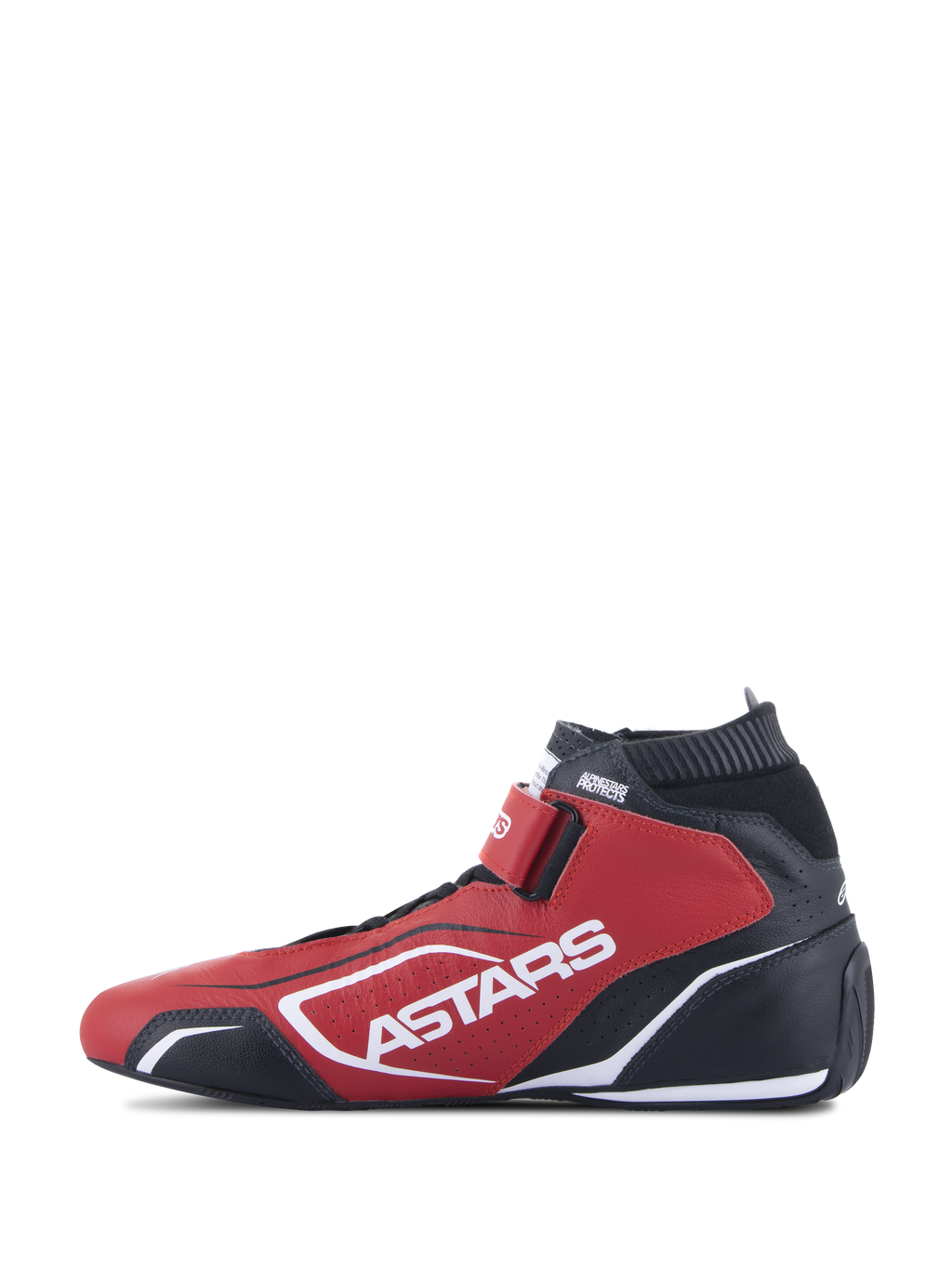 Scarpe Alpinestars Tech-1 T V3 FIA, calzature per automobilismo, rosso, nero e bianco, vista laterale con marchio ASTARS bianco, chiusura a strappo e colletto elastico ignifugo, calzature professionali per motorsport in pelle bovina