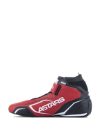 Scarpe Alpinestars Tech-1 T V3 FIA, calzature per automobilismo, rosso, nero e bianco, vista laterale con marchio ASTARS bianco, chiusura a strappo e colletto elastico ignifugo, calzature professionali per motorsport in pelle bovina