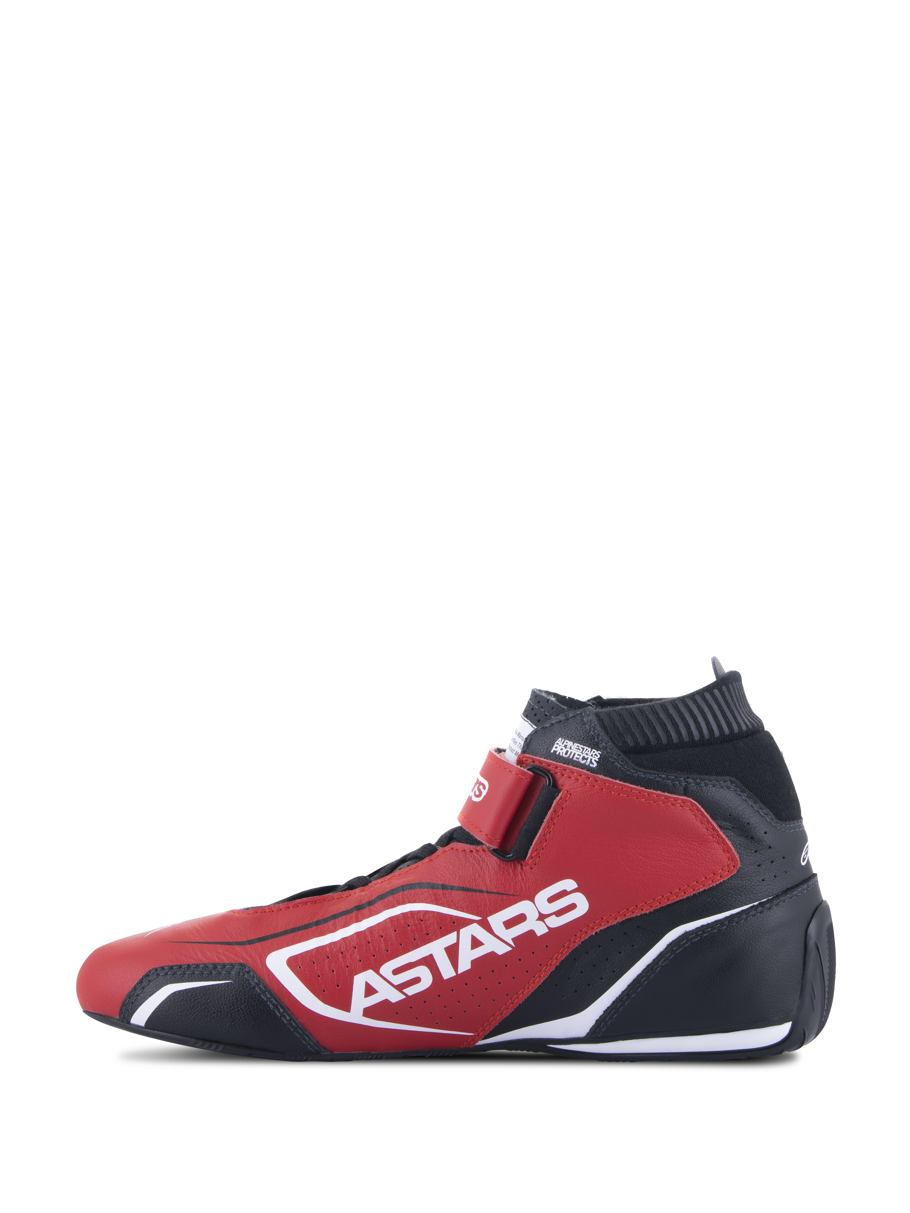 Scarpe Alpinestars Tech-1 T V3 FIA, calzature per automobilismo, rosso, nero e bianco, vista laterale con marchio ASTARS bianco, chiusura a strappo e colletto elastico ignifugo, calzature professionali per motorsport in pelle bovina