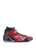 Alpinestars Tech-1 T V3 Shoes FIA, scarpe da corsa professionali rosse e nere, profilo laterale, design high-top, logo Alpinestars bianco e marchio 1T, cinturino in velcro sulla caviglia, pelle bovina traforata per la traspirabilità, sottile suola performante nera, calzatura da motorsport certificata FIA