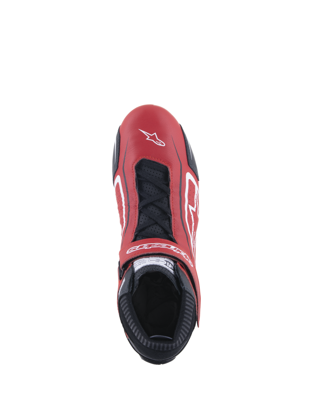 Alpinestars Scarpe Tech-1 T V3 FIA, scarpe da corsa automobilistica, rosso, nero e bianco, vista dall'alto che mostra la tomaia in pelle bovina rossa con lacci neri e cinturino regolabile, dotate di loghi bianchi e un profilo sottile per la guida competitiva.