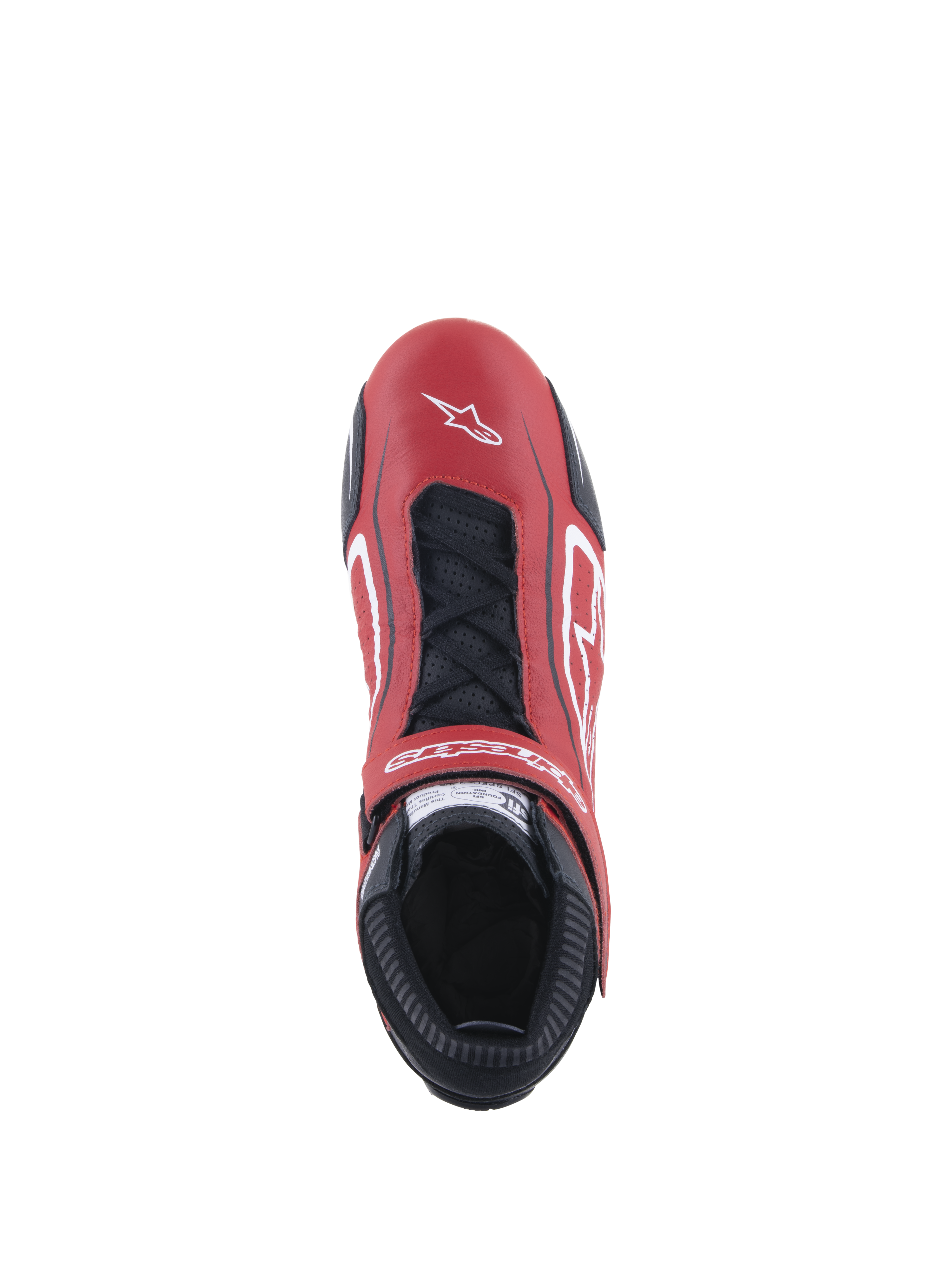 Alpinestars Scarpe Tech-1 T V3 FIA, scarpe da corsa automobilistica, rosso, nero e bianco, vista dall'alto che mostra la tomaia in pelle bovina rossa con lacci neri e cinturino regolabile, dotate di loghi bianchi e un profilo sottile per la guida competitiva.