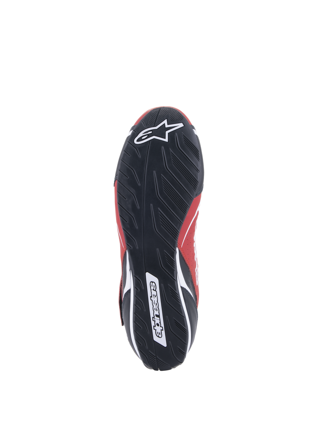 Alpinestars Tech-1 T V3 Shoes FIA, scarpe da corsa auto, rosso, nero e bianco, vista inferiore della suola in gomma nera con battistrada asimmetrico e marchio Alpinestars bianco