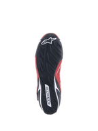 Alpinestars Tech-1 T V3 Shoes FIA, scarpe da corsa auto, rosso, nero e bianco, vista inferiore della suola in gomma nera con battistrada asimmetrico e marchio Alpinestars bianco
