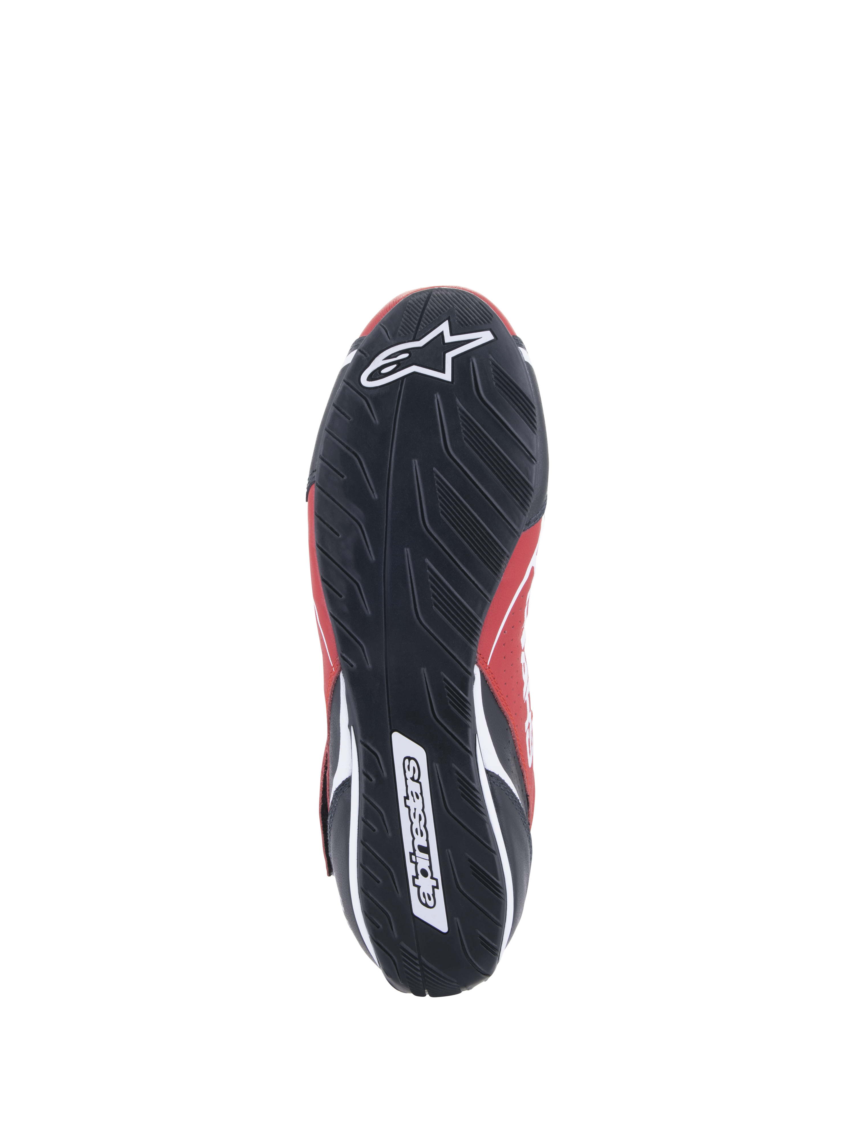 Alpinestars Tech-1 T V3 Shoes FIA, scarpe da corsa auto, rosso, nero e bianco, vista inferiore della suola in gomma nera con battistrada asimmetrico e marchio Alpinestars bianco