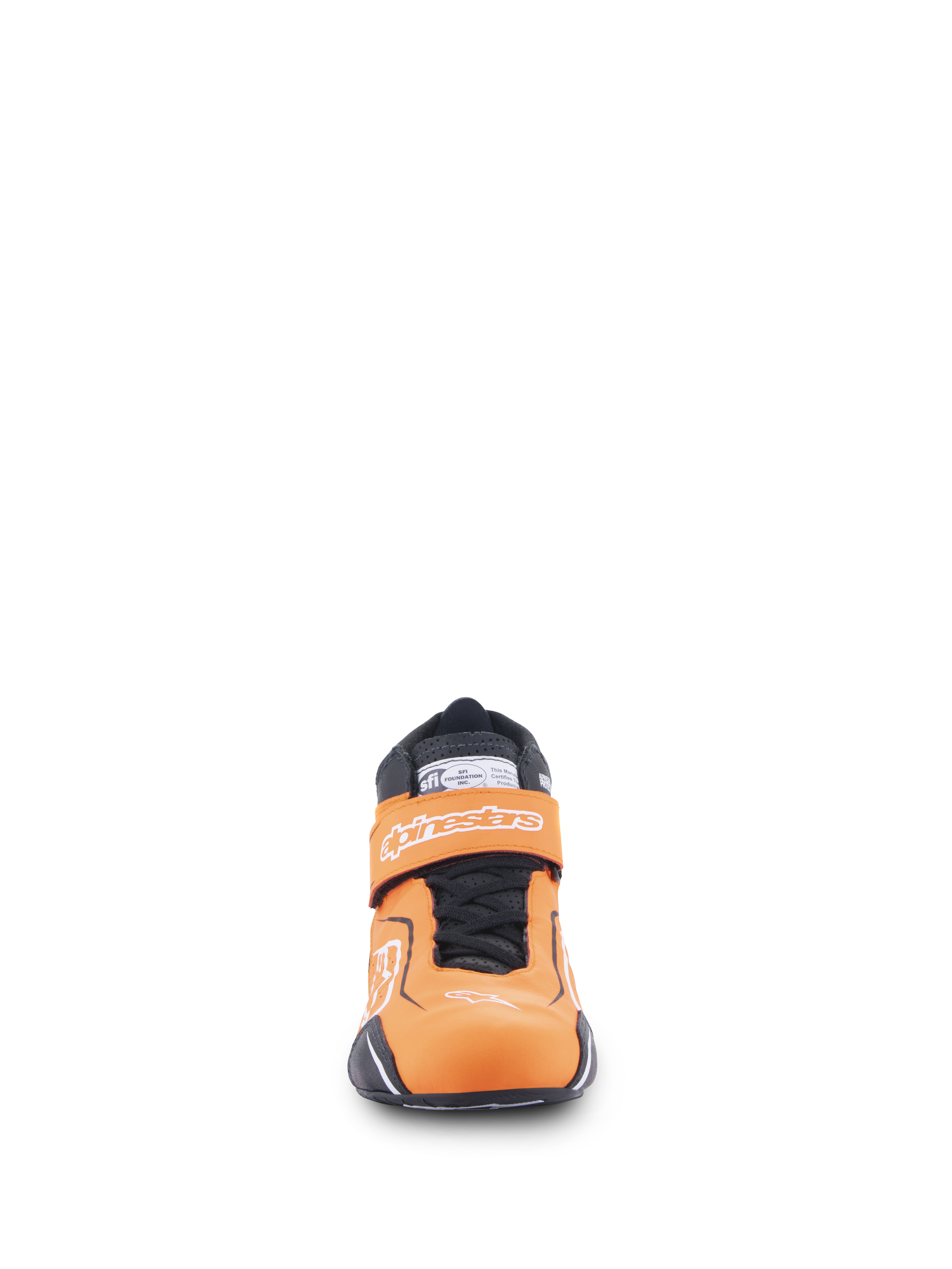 Scarpe Alpinestars Tech-1 T V3 FIA, scarpe da auto racing, arancione fluo, nero e bianco, vista frontale con cinturino a strappo con marchio Alpinestars, lacci neri ed etichetta di certificazione SFI sulla linguetta
