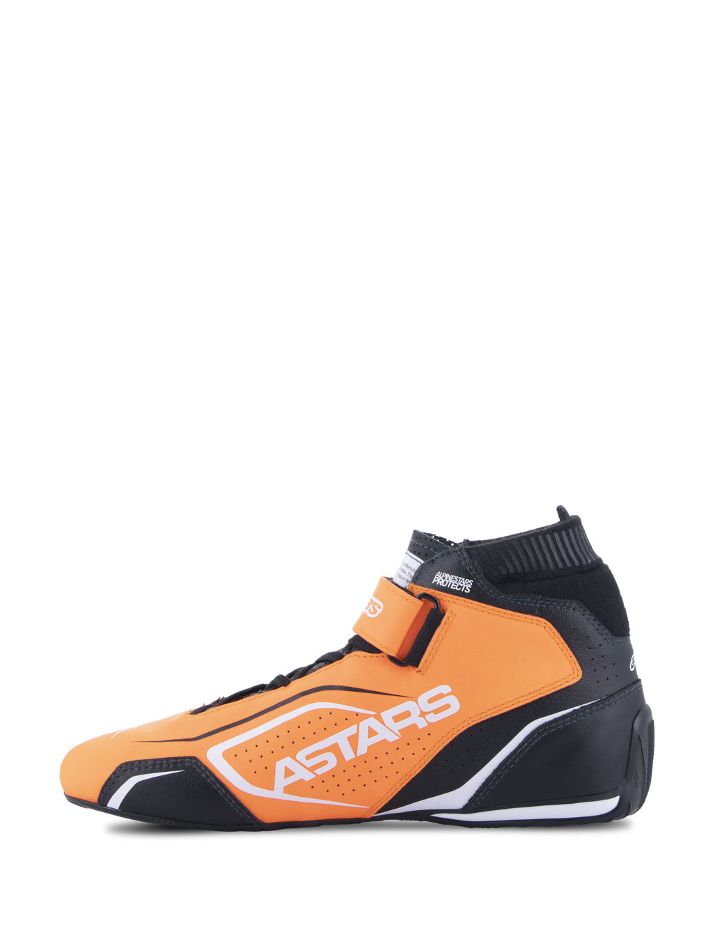 Scarpe Alpinestars Tech-1 T V3 FIA, scarpe da auto racing, arancione fluo nero e bianco, vista laterale di profilo, con struttura in pelle bovina, cinturino alla caviglia a strappo e logo Astars bianco.