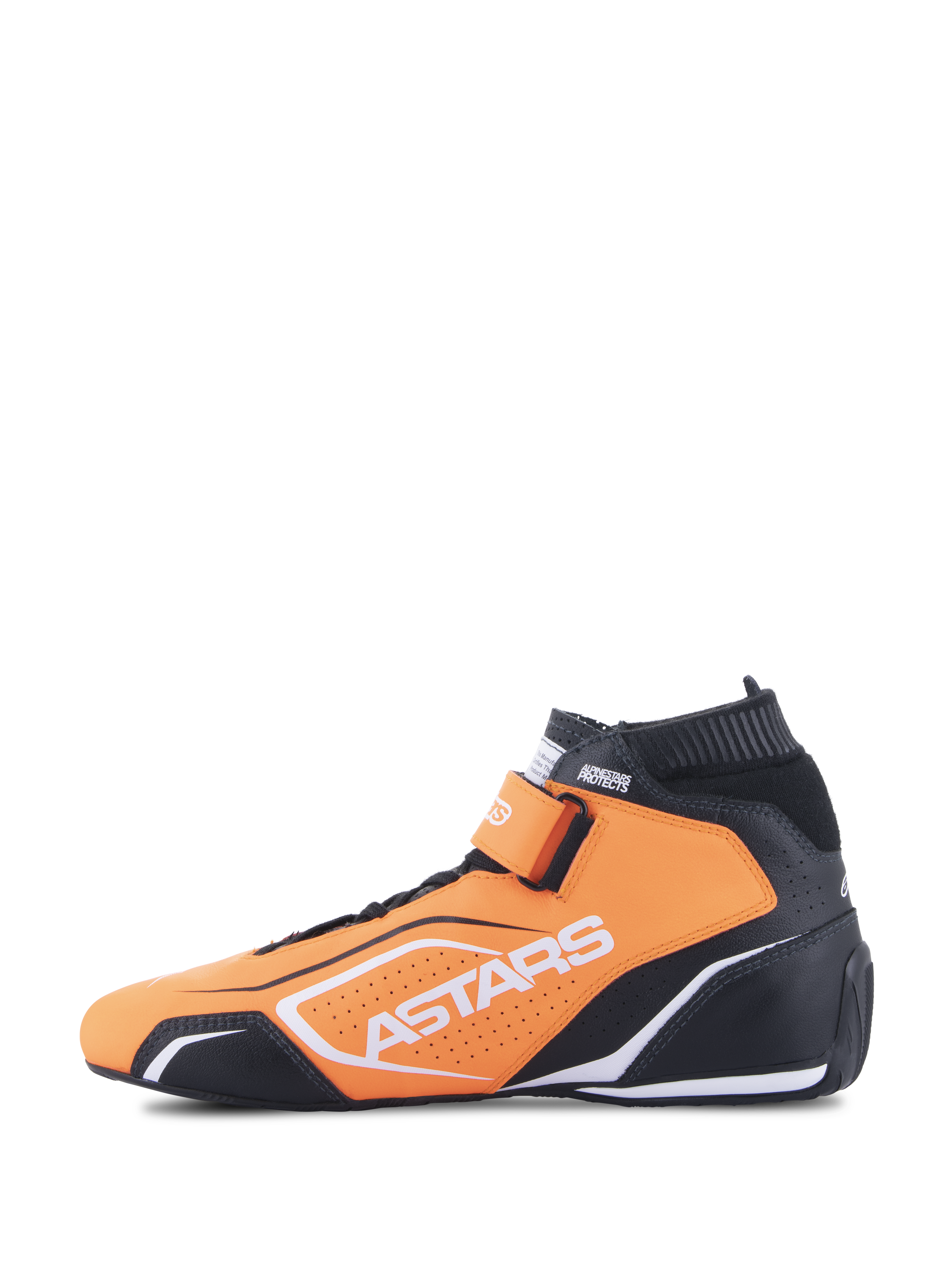 Scarpe Alpinestars Tech-1 T V3 FIA, scarpe da auto racing, arancione fluo nero e bianco, vista laterale di profilo, con struttura in pelle bovina, cinturino alla caviglia a strappo e logo Astars bianco.