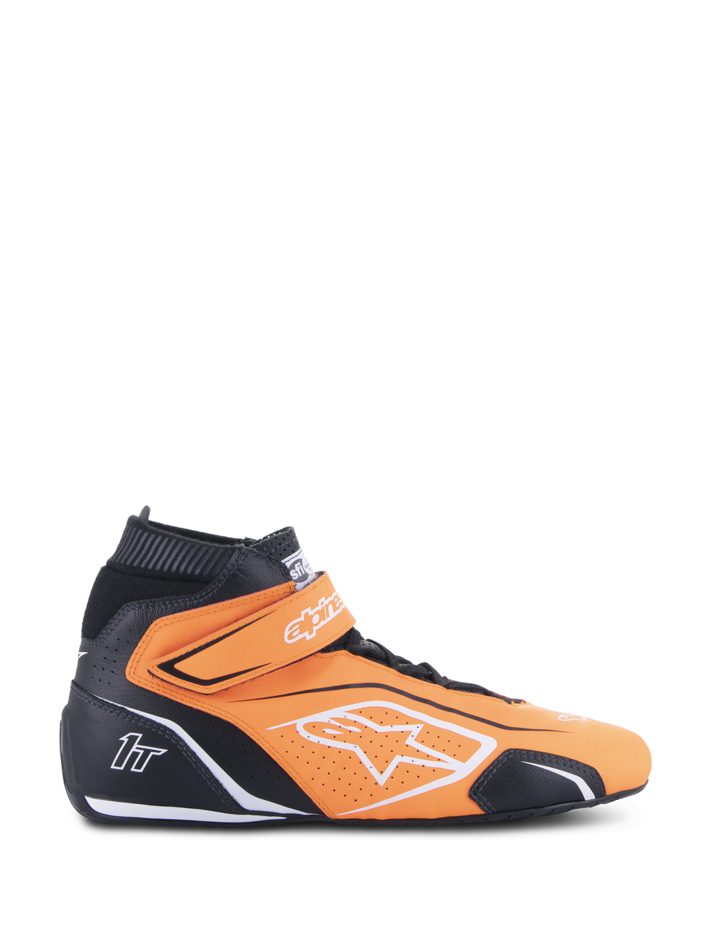 Alpinestars Tech-1 T V3 FIA Racing Shoes, arancione fluo e nero, calzatura motorsport high-top con accenti bianchi e cinturino in velcro alla caviglia, pelle traforata per la traspirabilità, vista laterale di equipaggiamento professionale per gare automobilistiche