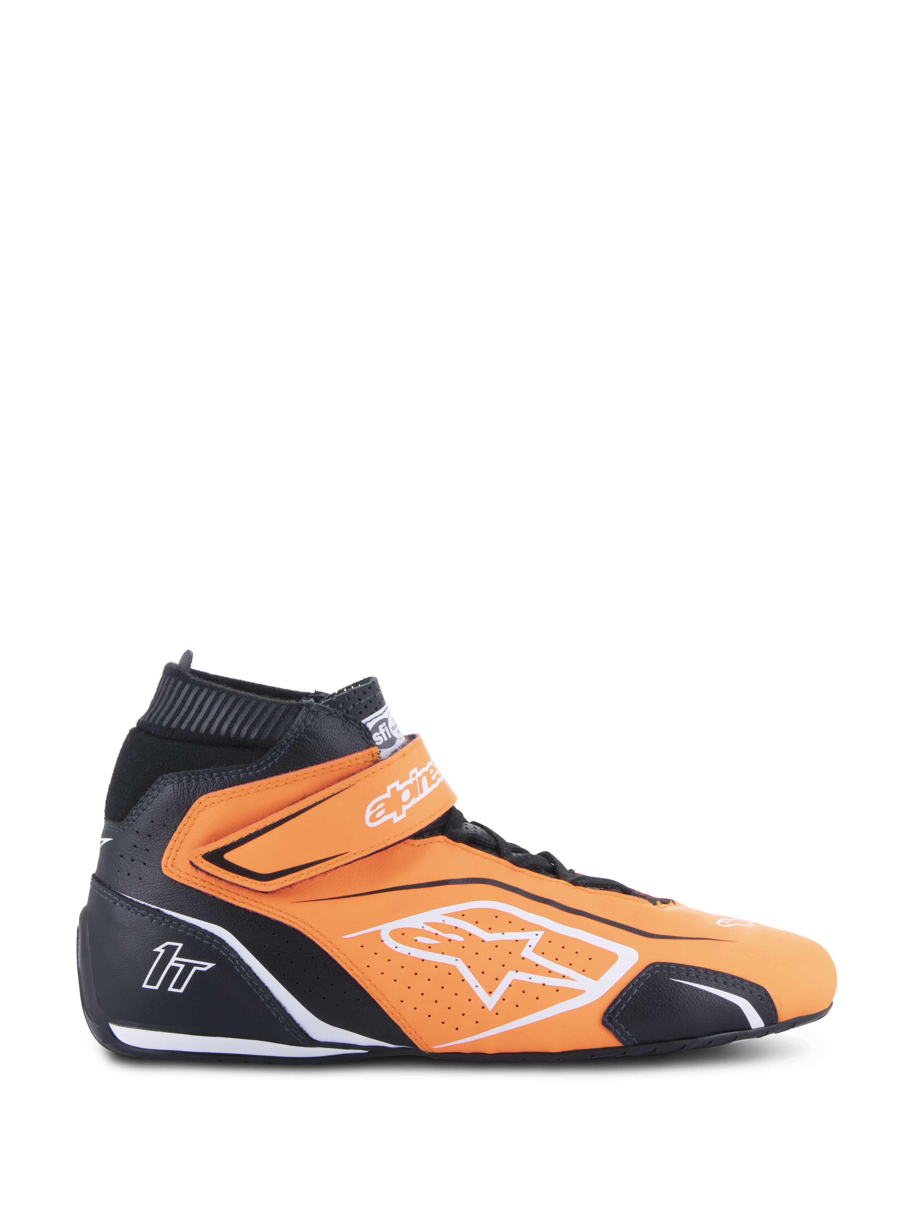 Alpinestars Tech-1 T V3 FIA Racing Shoes, arancione fluo e nero, calzatura motorsport high-top con accenti bianchi e cinturino in velcro alla caviglia, pelle traforata per la traspirabilità, vista laterale di equipaggiamento professionale per gare automobilistiche