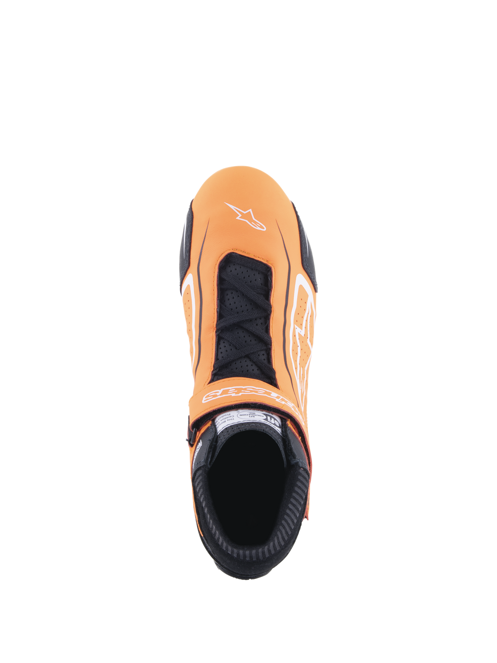 Scarpe Alpinestars Tech-1 T V3, scarpe da auto, arancione fluo nero e bianco, vista dall'alto che mostra la chiusura con lacci e il cinturino a strappo, logo Alpinestars bianco sulla punta, pannelli in pelle traforata e colletto ignifugo nero
