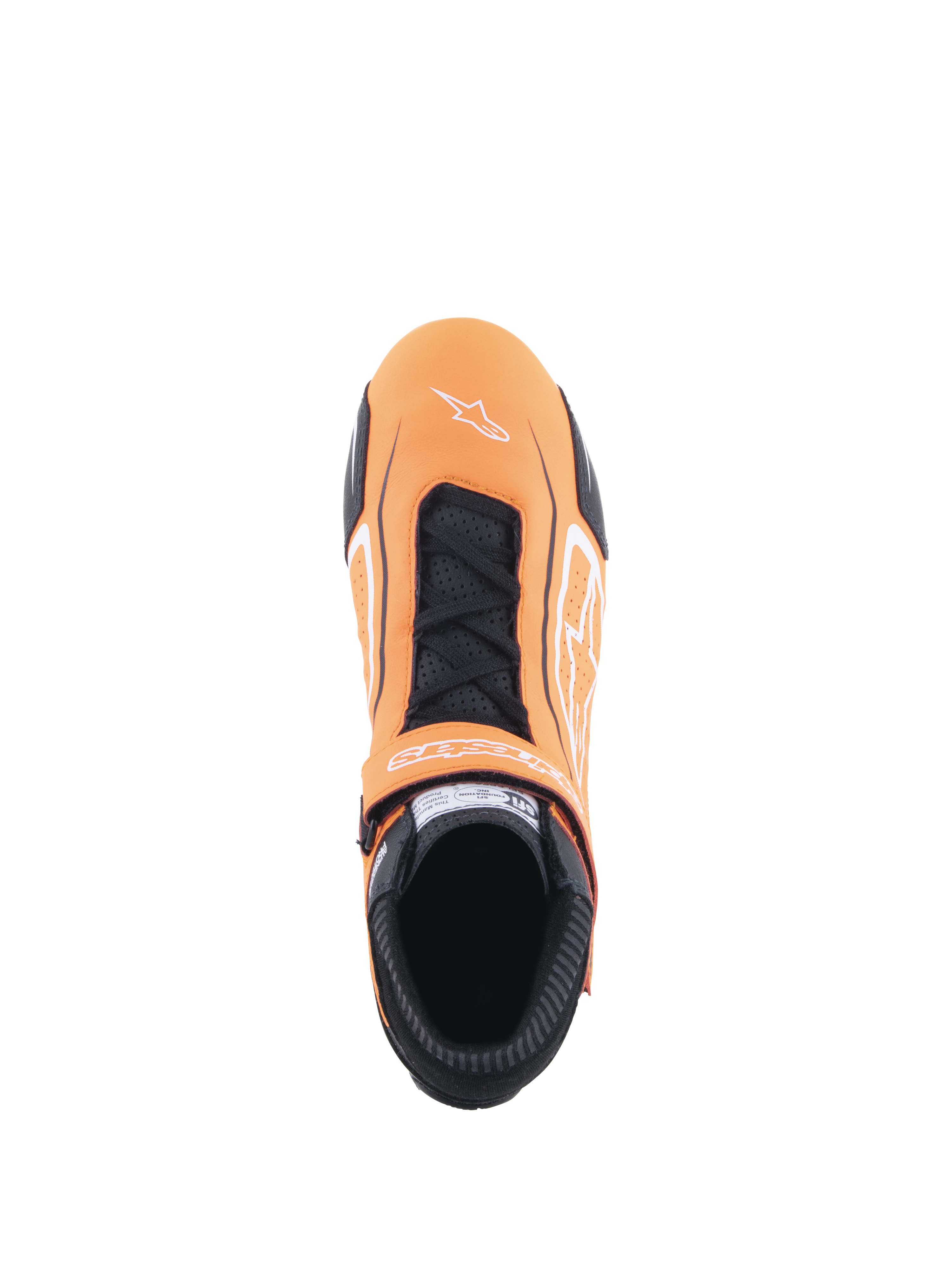 Scarpe Alpinestars Tech-1 T V3, scarpe da auto, arancione fluo nero e bianco, vista dall'alto che mostra la chiusura con lacci e il cinturino a strappo, logo Alpinestars bianco sulla punta, pannelli in pelle traforata e colletto ignifugo nero