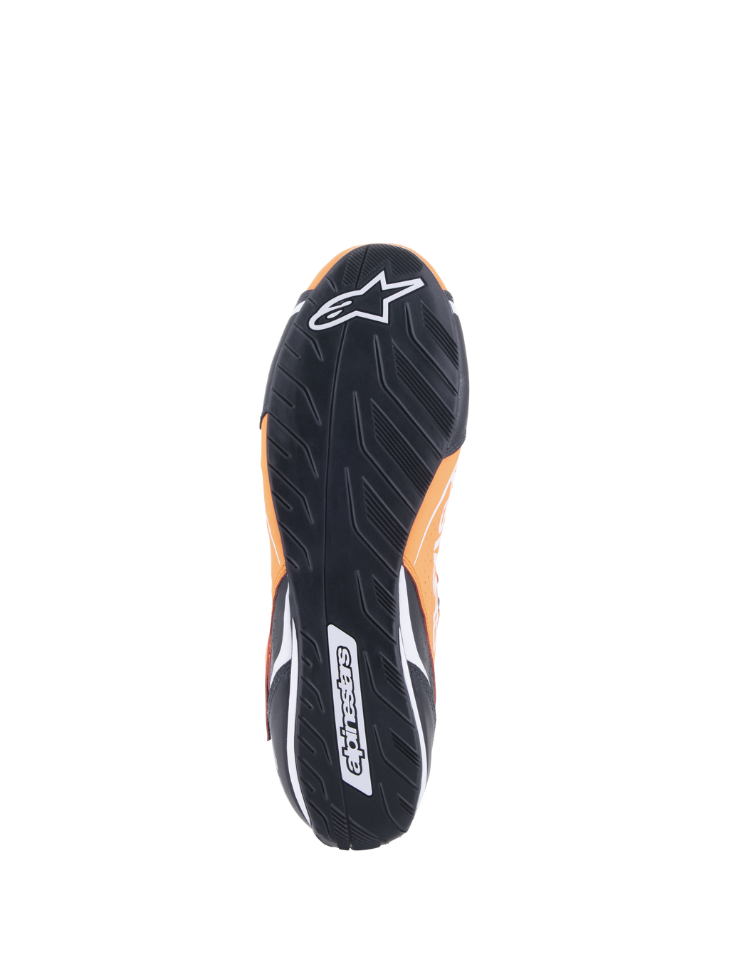 Alpinestars Tech-1 T V3 Shoes FIA, Arancione Fluo Nero Bianco, vista dal basso della suola in gomma nera con battistrada asimmetrico, logo Alpinestars bianco sulla punta e logo testuale sul tallone.