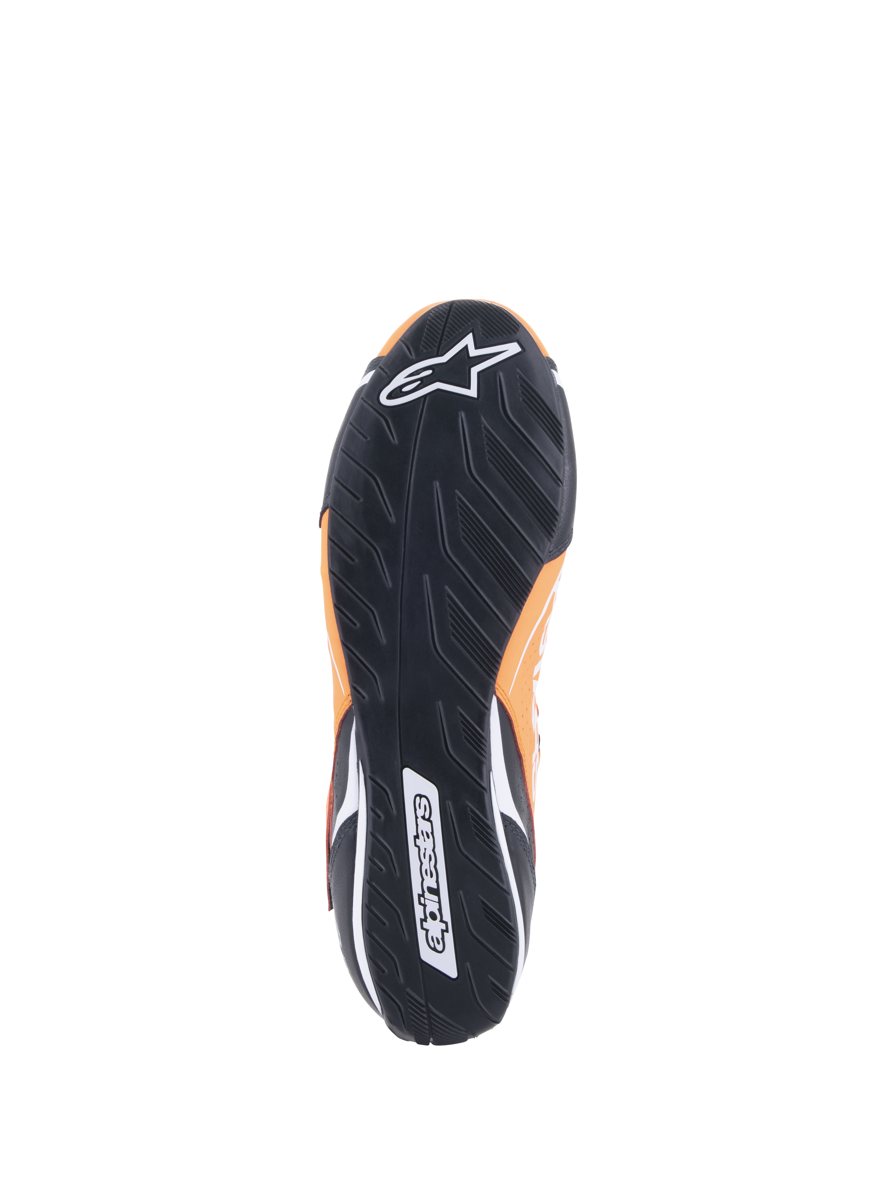 Alpinestars Tech-1 T V3 Shoes FIA, Arancione Fluo Nero Bianco, vista dal basso della suola in gomma nera con battistrada asimmetrico, logo Alpinestars bianco sulla punta e logo testuale sul tallone.