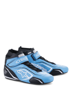 Scarpe Alpinestars Tech-1 T V3 FIA, calzature per corse automobilistiche, celeste, nero e bianco, struttura in pelle bovina con cinturino a strappo e chiusura con lacci, con branding Alpinestars e logo a stella bianco, calzature professionali per motorsport