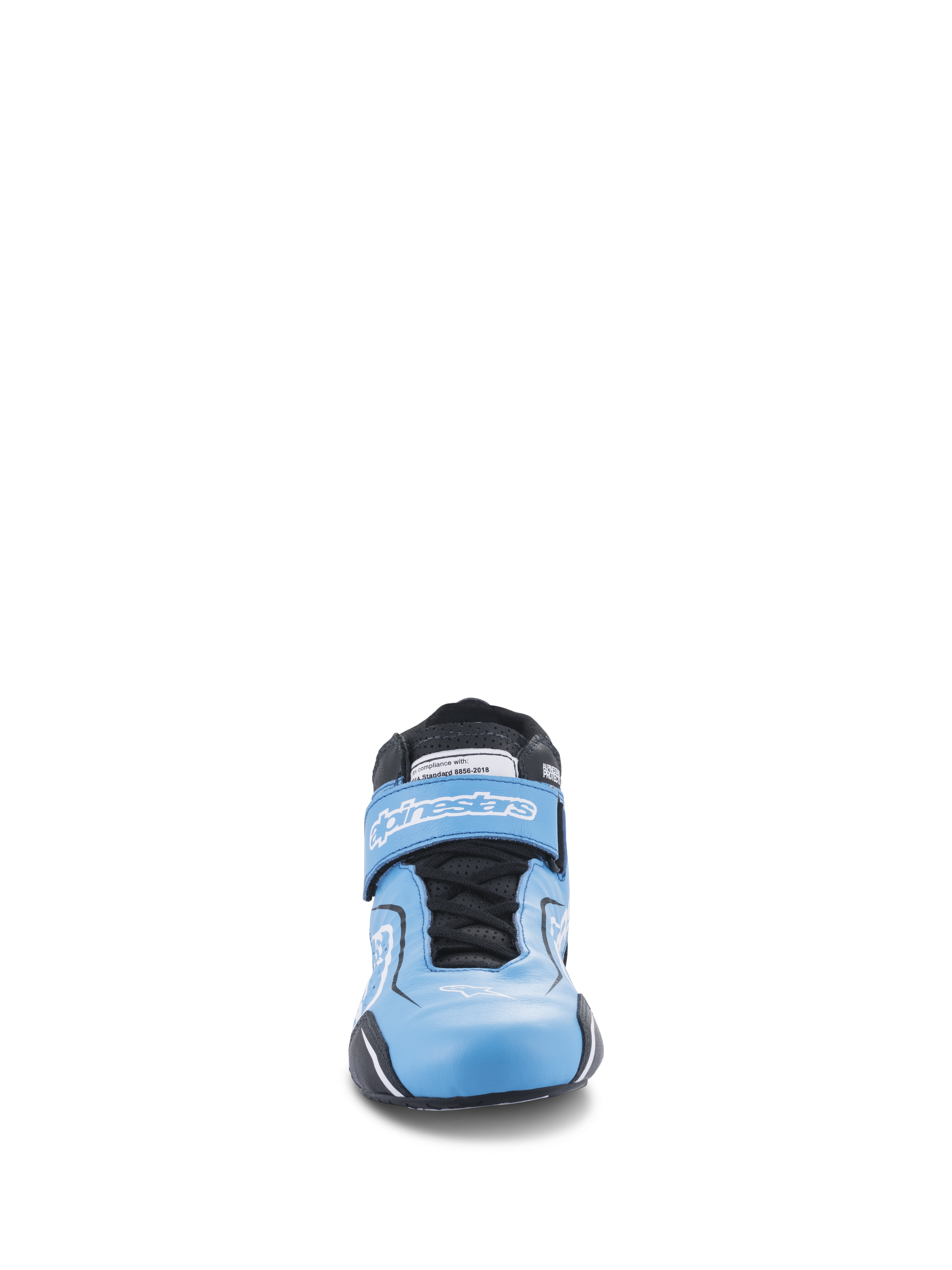Alpinestars Tech-1 T V3 Shoes FIA, scarpe da corsa auto, celeste con dettagli neri e bianchi, vista frontale che mostra il sistema di doppia chiusura con lacci e cinturino a strappo, calzature da guida in pelle ad alte prestazioni
