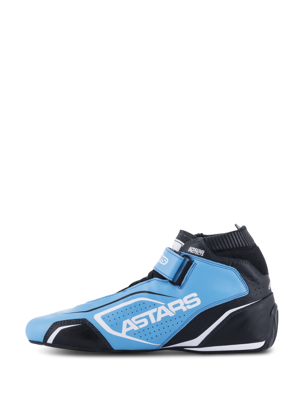 Scarpe Alpinestars Tech-1 T V3 FIA, scarpe per automobilismo, azzurro, nero e bianco, con marchio ASTARS, pannelli in pelle traforata e silhouette da corsa affusolata
