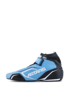 Scarpe Alpinestars Tech-1 T V3 FIA, scarpe per automobilismo, azzurro, nero e bianco, con marchio ASTARS, pannelli in pelle traforata e silhouette da corsa affusolata