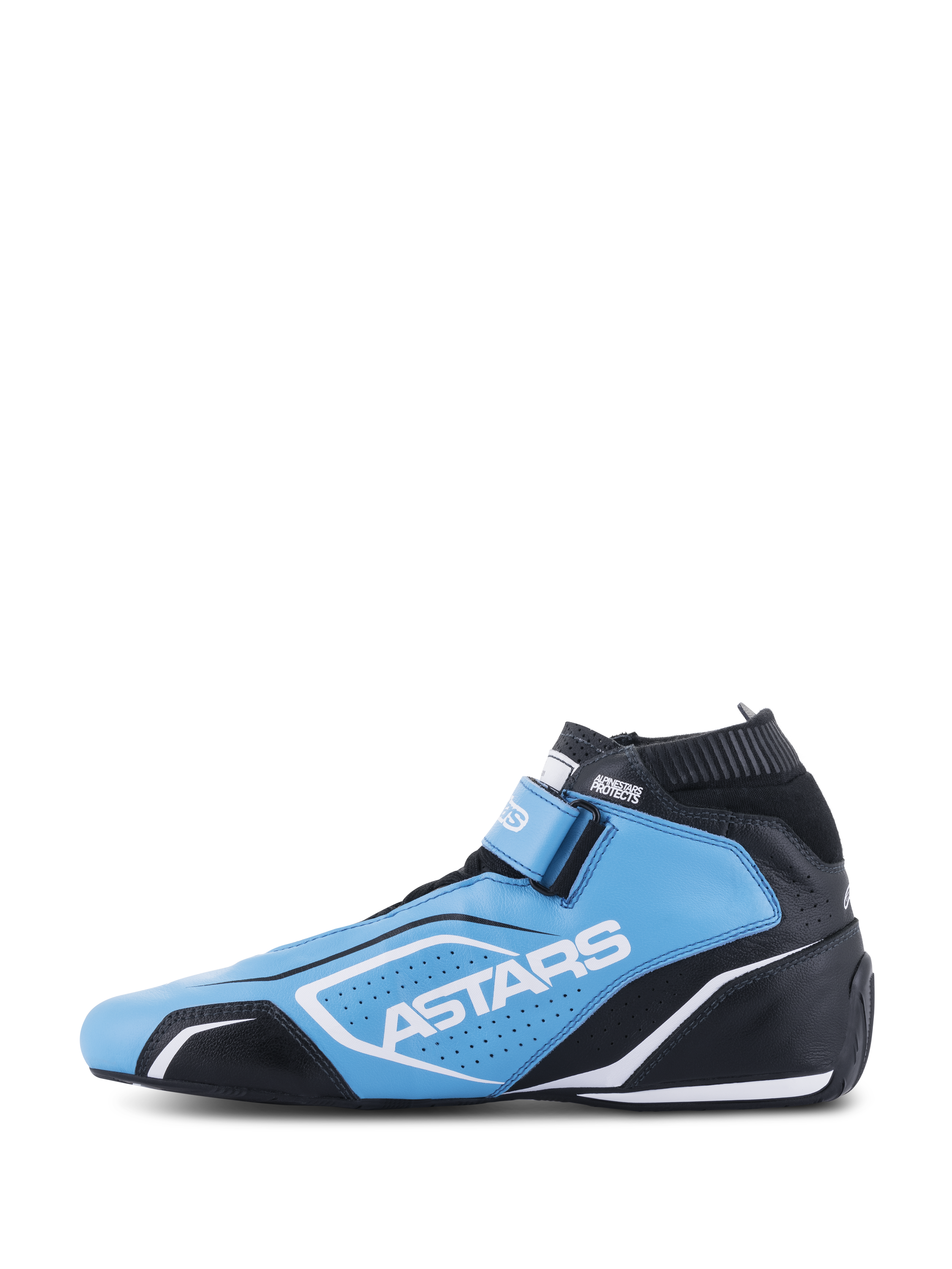 Scarpe Alpinestars Tech-1 T V3 FIA, scarpe per automobilismo, azzurro, nero e bianco, con marchio ASTARS, pannelli in pelle traforata e silhouette da corsa affusolata