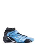 Alpinestars Tech-1 T V3 Shoes FIA, scarpe da corsa automobilistiche a profilo alto, azzurro e nero con accenti bianchi, vista laterale con chiusura a strappo, logo a stella bianco, costruzione in pelle traforata e suola sottile performante