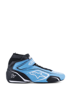 Alpinestars Tech-1 T V3 Shoes FIA, scarpe da corsa automobilistiche a profilo alto, azzurro e nero con accenti bianchi, vista laterale con chiusura a strappo, logo a stella bianco, costruzione in pelle traforata e suola sottile performante