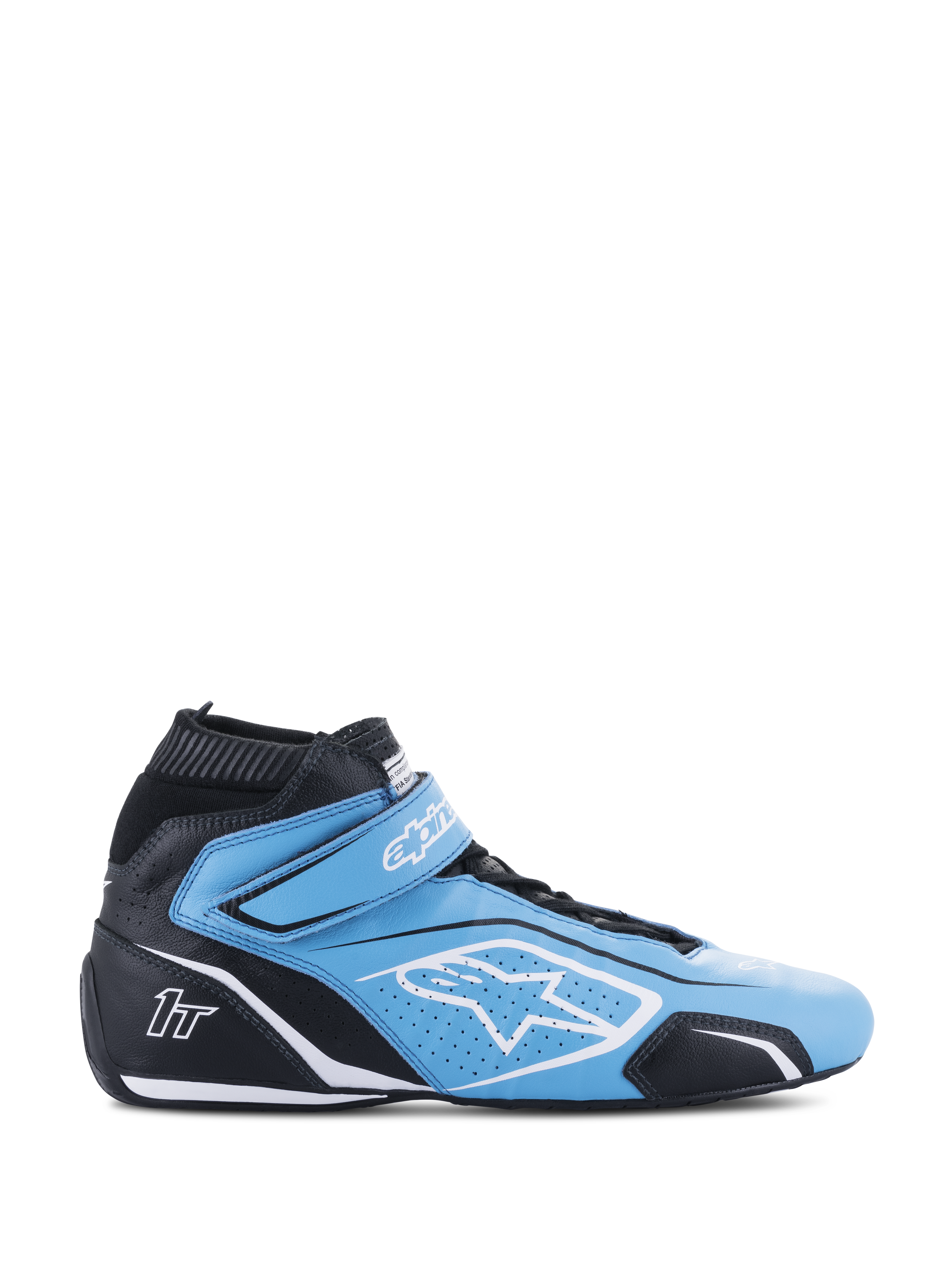 Alpinestars Tech-1 T V3 Shoes FIA, scarpe da corsa automobilistiche a profilo alto, azzurro e nero con accenti bianchi, vista laterale con chiusura a strappo, logo a stella bianco, costruzione in pelle traforata e suola sottile performante