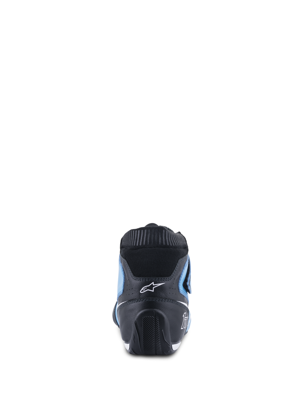 Alpinestars Tech-1 T V3 Scarpe FIA, scarpe da corsa auto, azzurro, nero e bianco, vista posteriore con tallone in pelle nera, pannelli laterali azzurri e colletto elastico ignifugo nero, design ergonomico con logo Alpinestars bianco