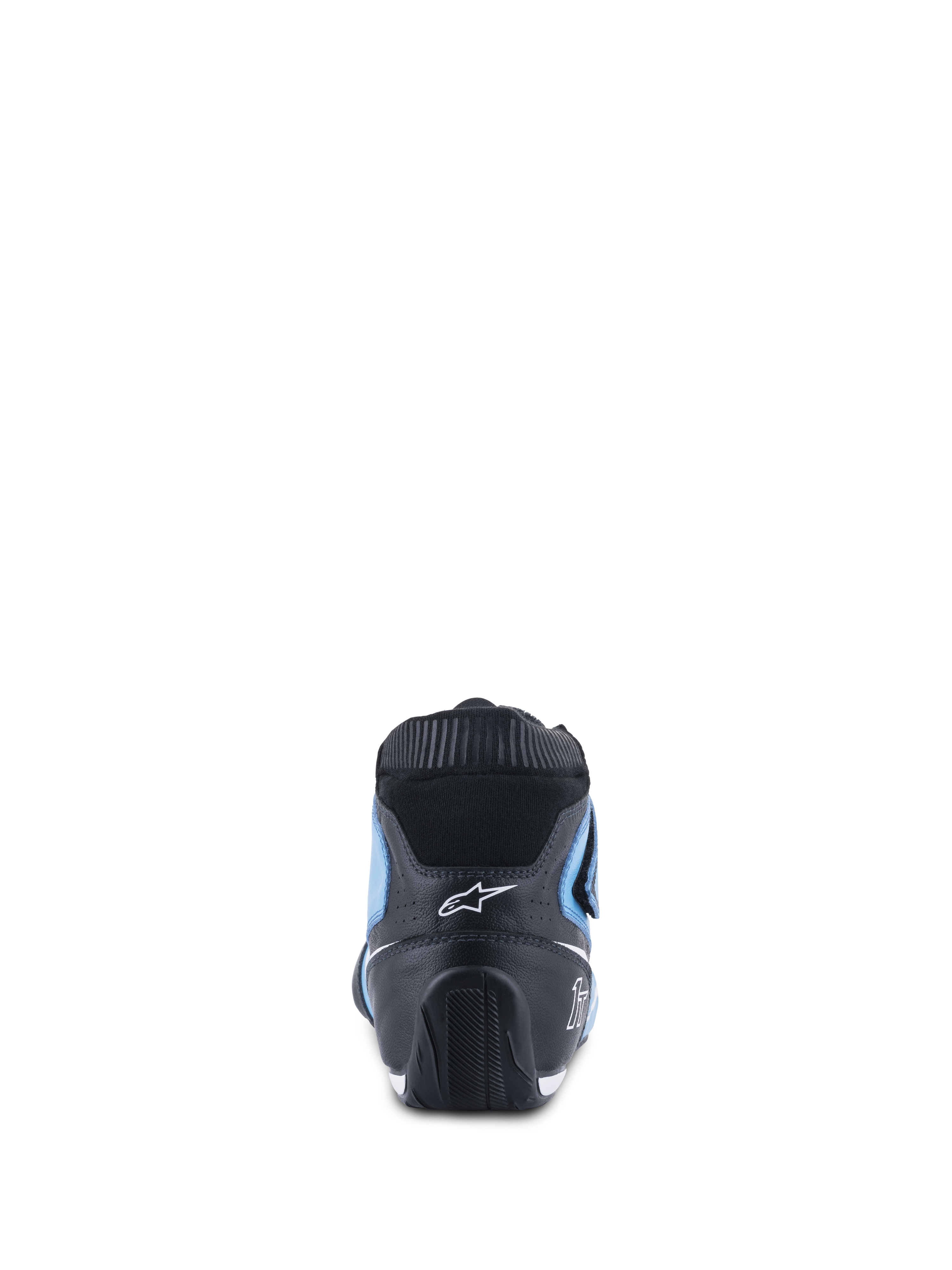 Alpinestars Tech-1 T V3 Scarpe FIA, scarpe da corsa auto, azzurro, nero e bianco, vista posteriore con tallone in pelle nera, pannelli laterali azzurri e colletto elastico ignifugo nero, design ergonomico con logo Alpinestars bianco