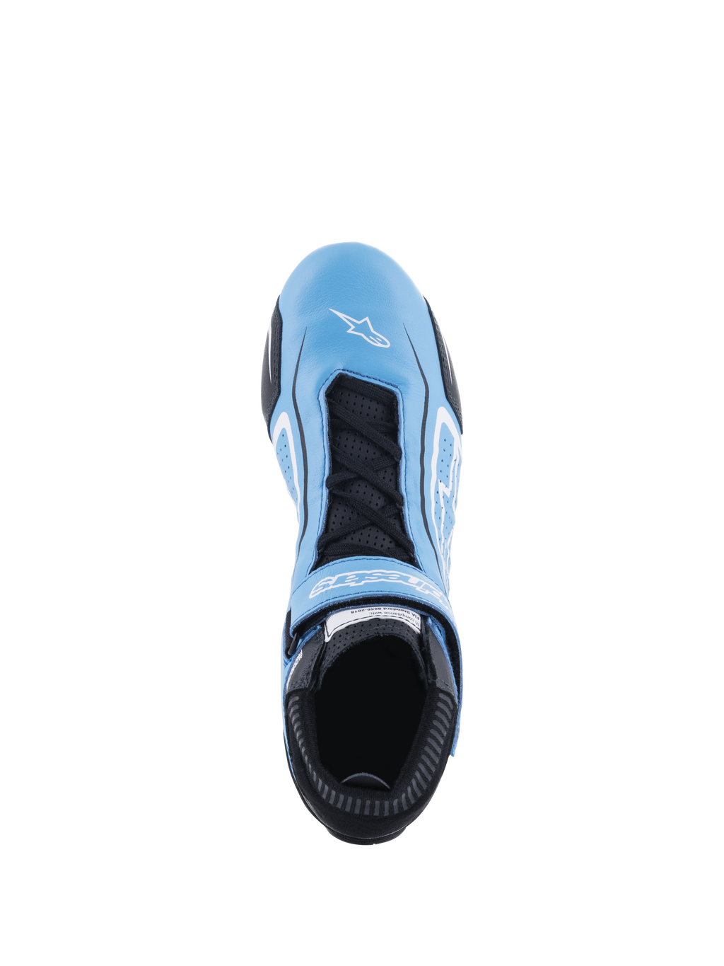 Scarpe Alpinestars Tech-1 T V3 FIA, scarpe da auto racing, azzurro, nero e bianco, vista dall'alto che mostra la struttura interamente in pelle bovina, lacci neri con cinturino a strappo, logo Alpinestars bianco sulla punta e linguetta traforata per la traspirabilità
