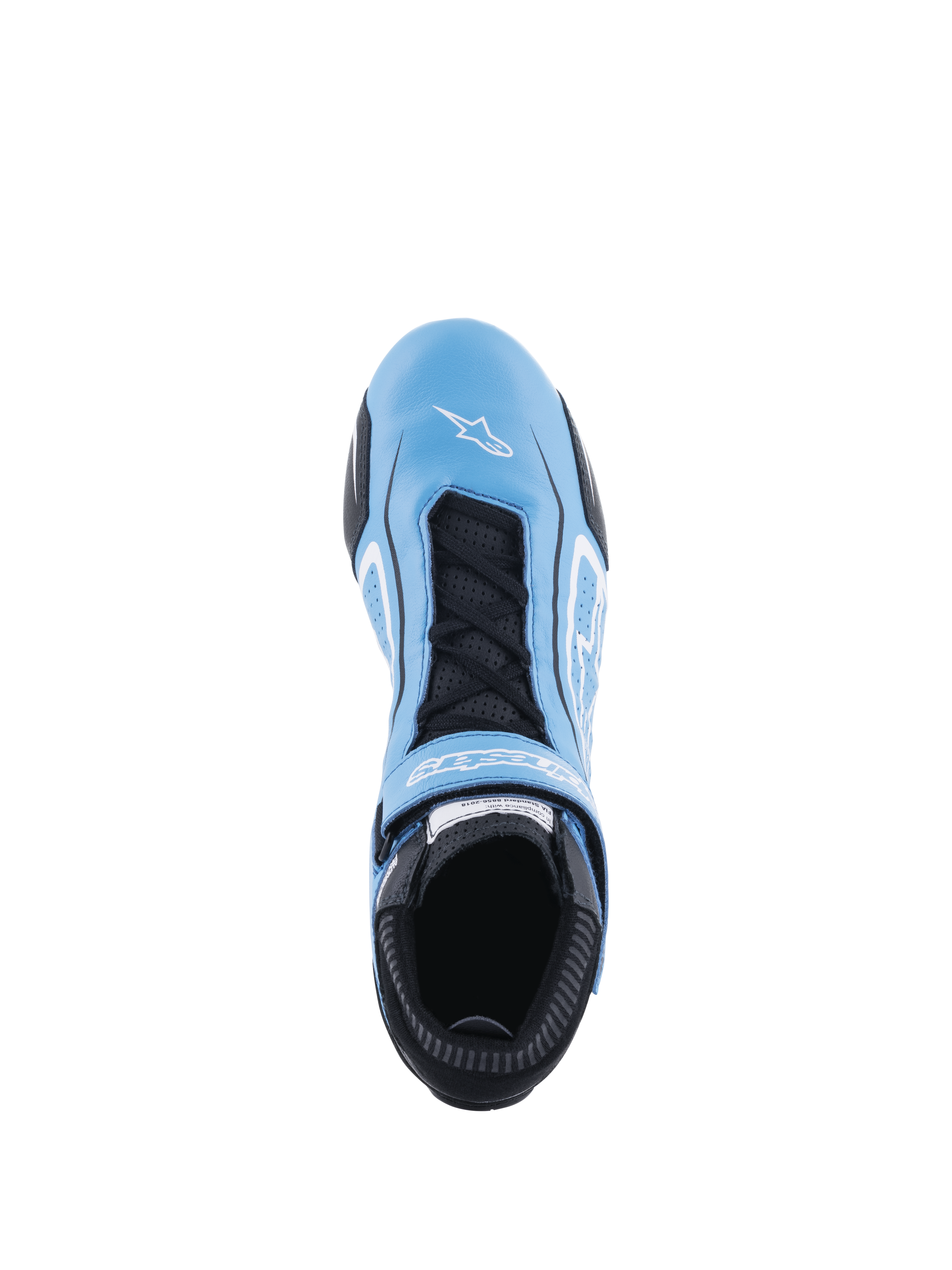 Scarpe Alpinestars Tech-1 T V3 FIA, scarpe da auto racing, azzurro, nero e bianco, vista dall'alto che mostra la struttura interamente in pelle bovina, lacci neri con cinturino a strappo, logo Alpinestars bianco sulla punta e linguetta traforata per la traspirabilità