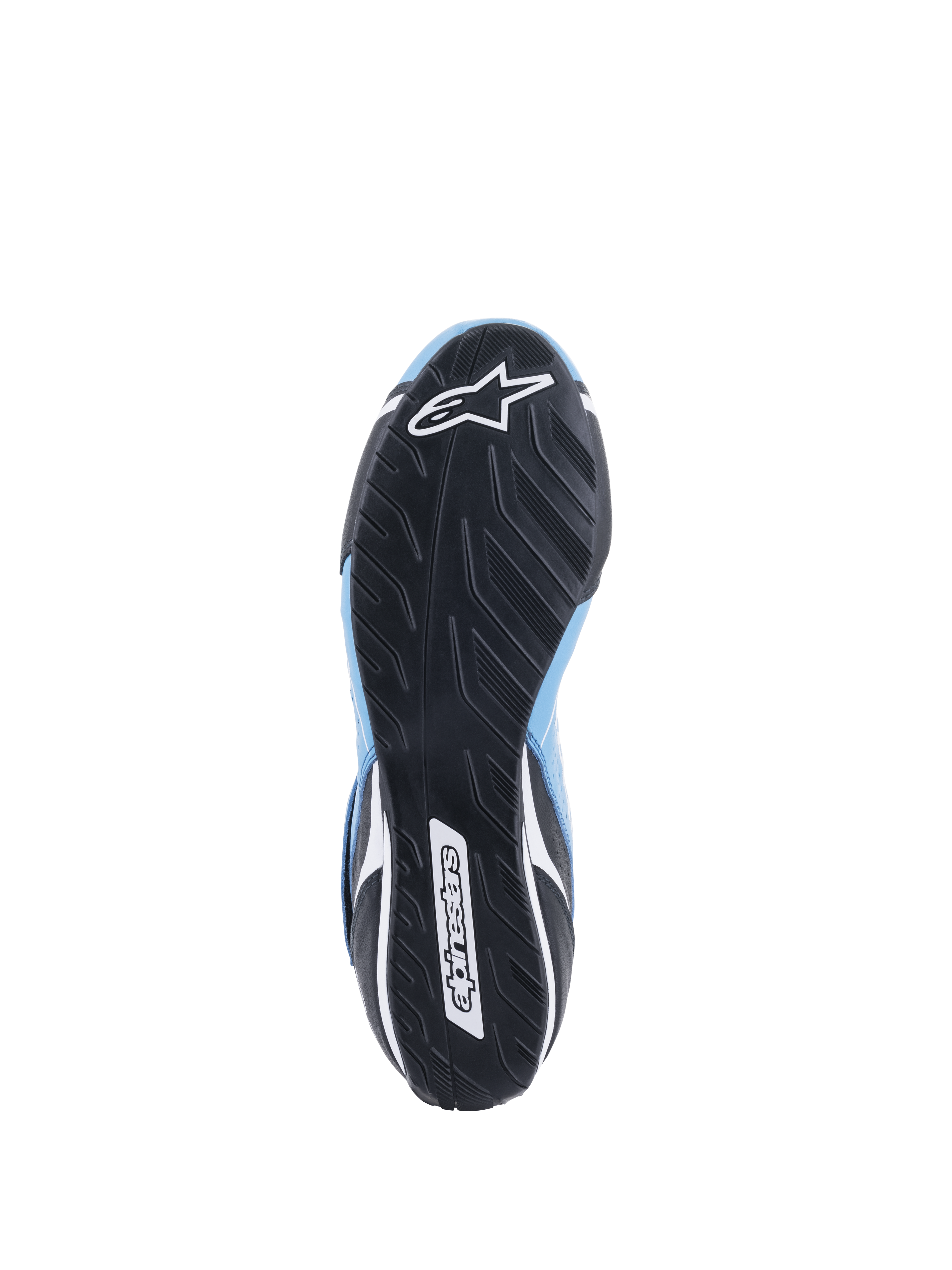 Scarpe Alpinestars Tech-1 T V3 FIA, vista inferiore della suola in gomma nera, design del battistrada asimmetrico, loghi Alpinestars con stella e scritta bianchi, dettagli in pelle azzurra e nera, calzature tecniche per corse automobilistiche