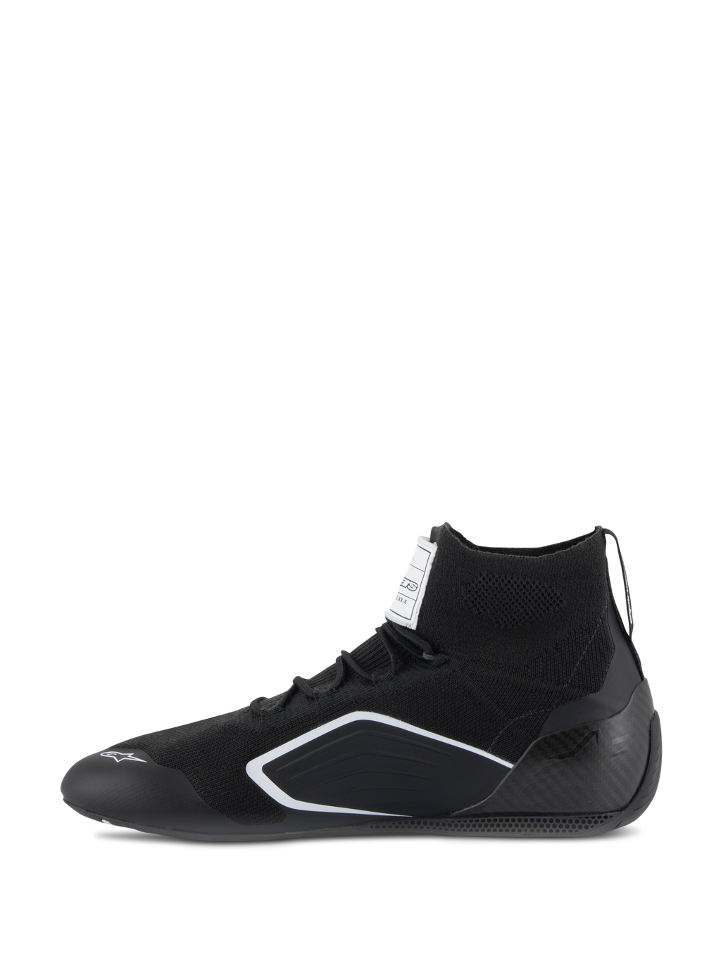 Scarpe Alpinestars Supertech, scarpe da auto racing, nero, profilo laterale con tomaia lavorata a maglia, tallone in fibra di carbonio e dettagli geometrici bianchi, calzature professionali da motorsport