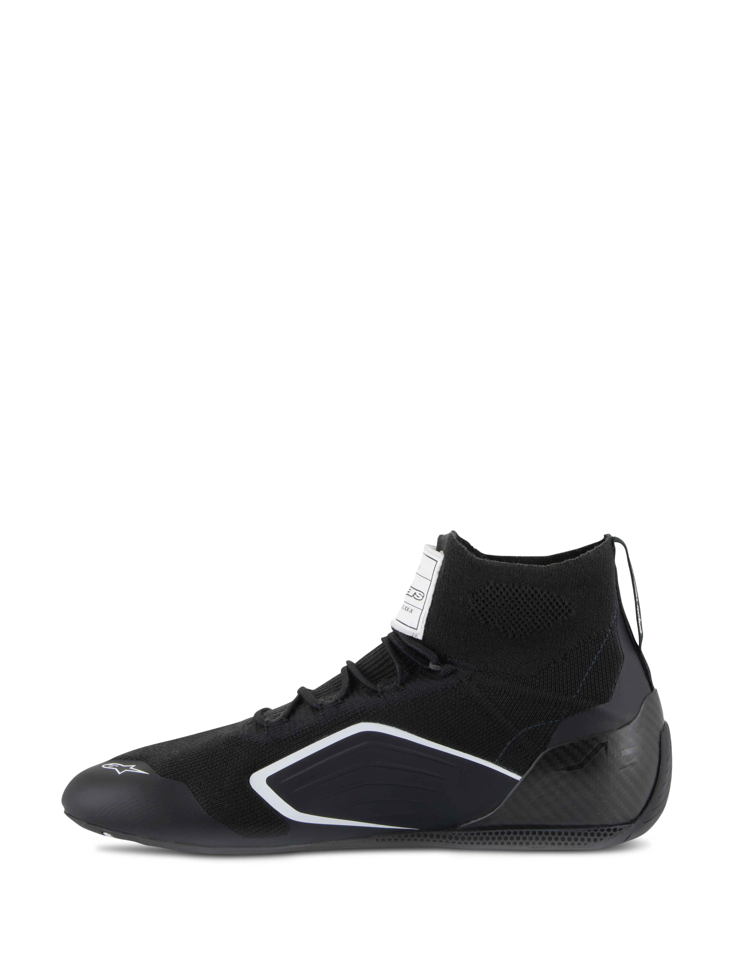 Scarpe Alpinestars Supertech, scarpe da auto racing, nero, profilo laterale con tomaia lavorata a maglia, tallone in fibra di carbonio e dettagli geometrici bianchi, calzature professionali da motorsport