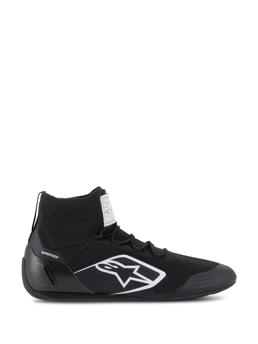 Scarpe Alpinestars Supertech, scarpe da corsa automobilistica certificate FIA/SFI, nero con logo stella Alpinestars bianco, design high-top con tomaia in maglia e tallone in fibra di carbonio, calzature professionali per motorsport