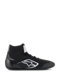 Scarpe Alpinestars Supertech, scarpe da corsa automobilistica certificate FIA/SFI, nero con logo stella Alpinestars bianco, design high-top con tomaia in maglia e tallone in fibra di carbonio, calzature professionali per motorsport