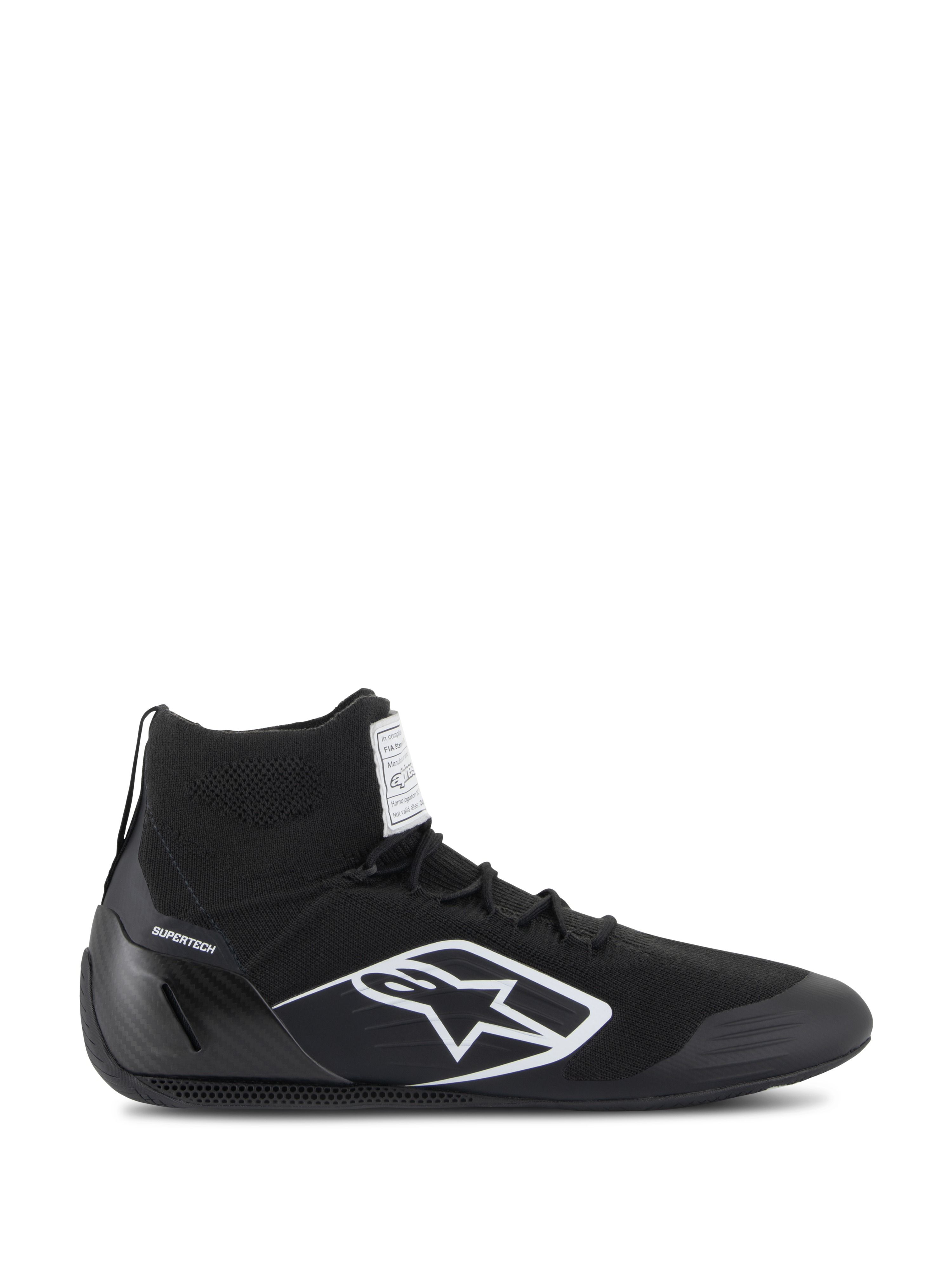 Scarpe Alpinestars Supertech, scarpe da corsa automobilistica certificate FIA/SFI, nero con logo stella Alpinestars bianco, design high-top con tomaia in maglia e tallone in fibra di carbonio, calzature professionali per motorsport