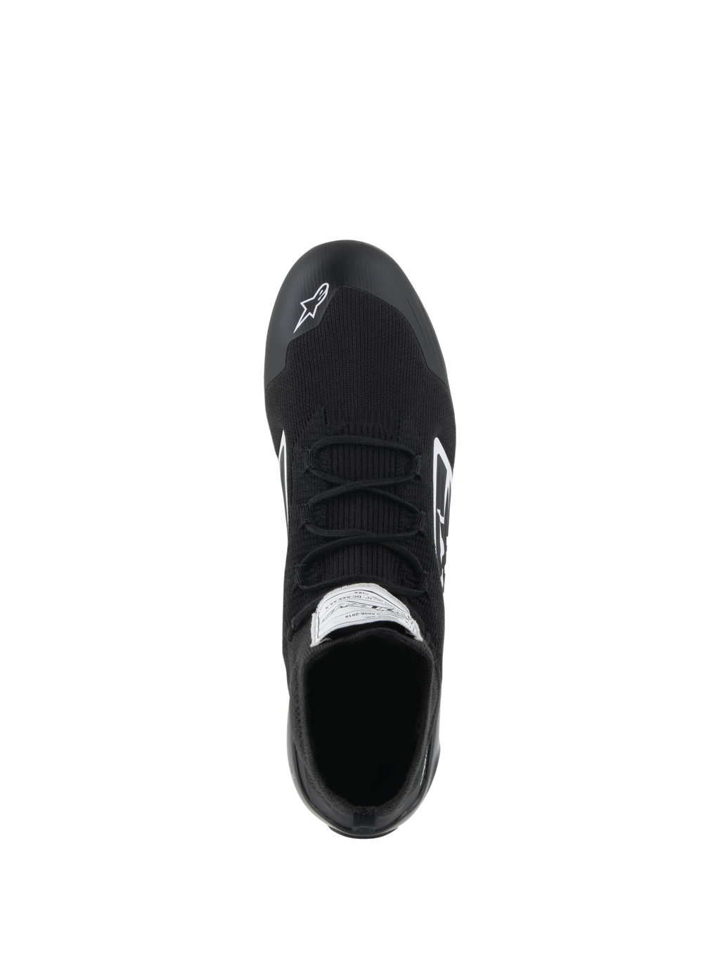 Scarpe Alpinestars Supertech - FIA/SFI, scarpe da corsa auto, nero, vista dall'alto che mostra la tomaia interamente in maglia aramidica, i lacci piatti e il logo Alpinestars bianco sulla punta, calzature professionali per motorsport