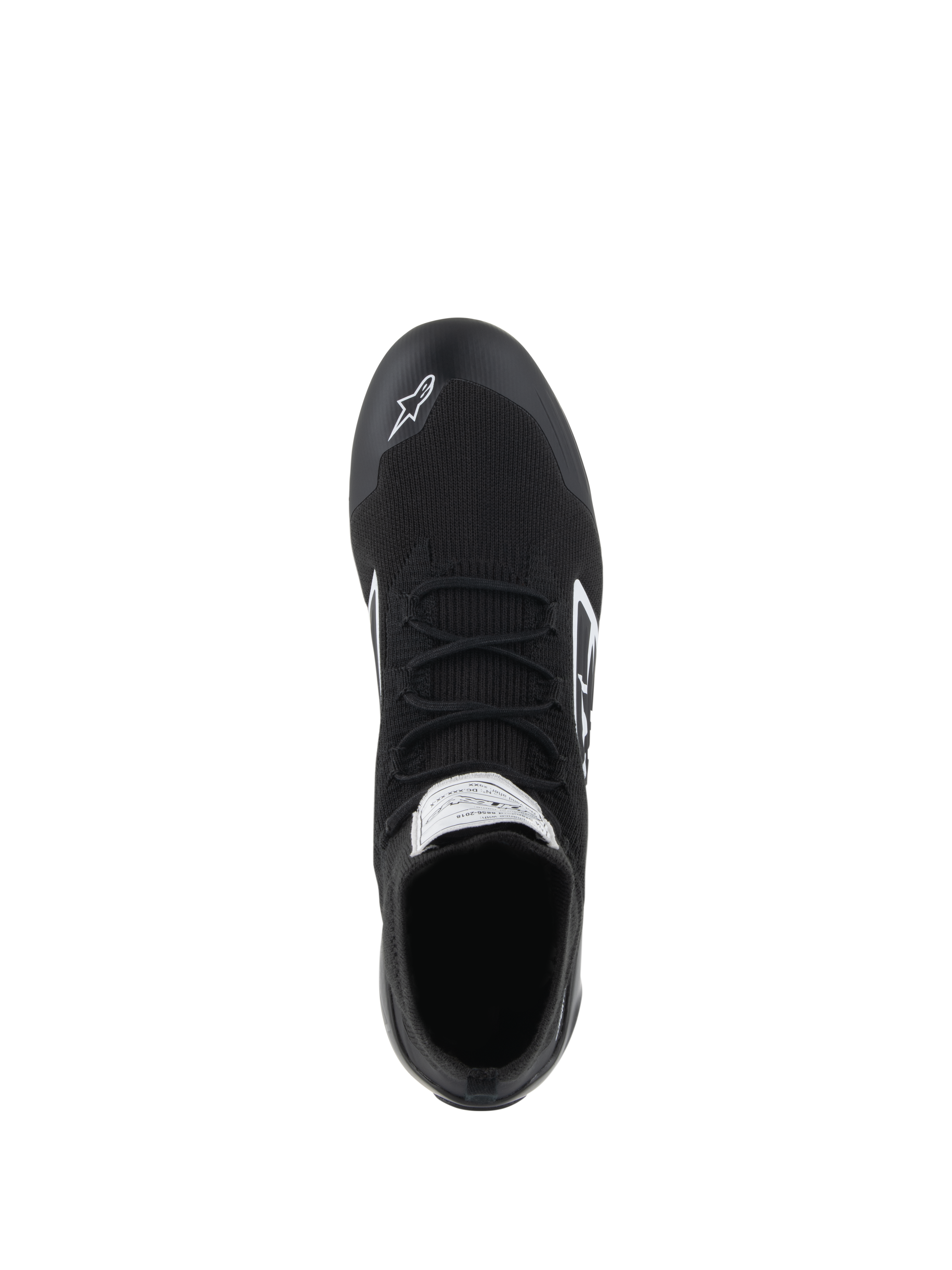 Scarpe Alpinestars Supertech - FIA/SFI, scarpe da corsa auto, nero, vista dall'alto che mostra la tomaia interamente in maglia aramidica, i lacci piatti e il logo Alpinestars bianco sulla punta, calzature professionali per motorsport
