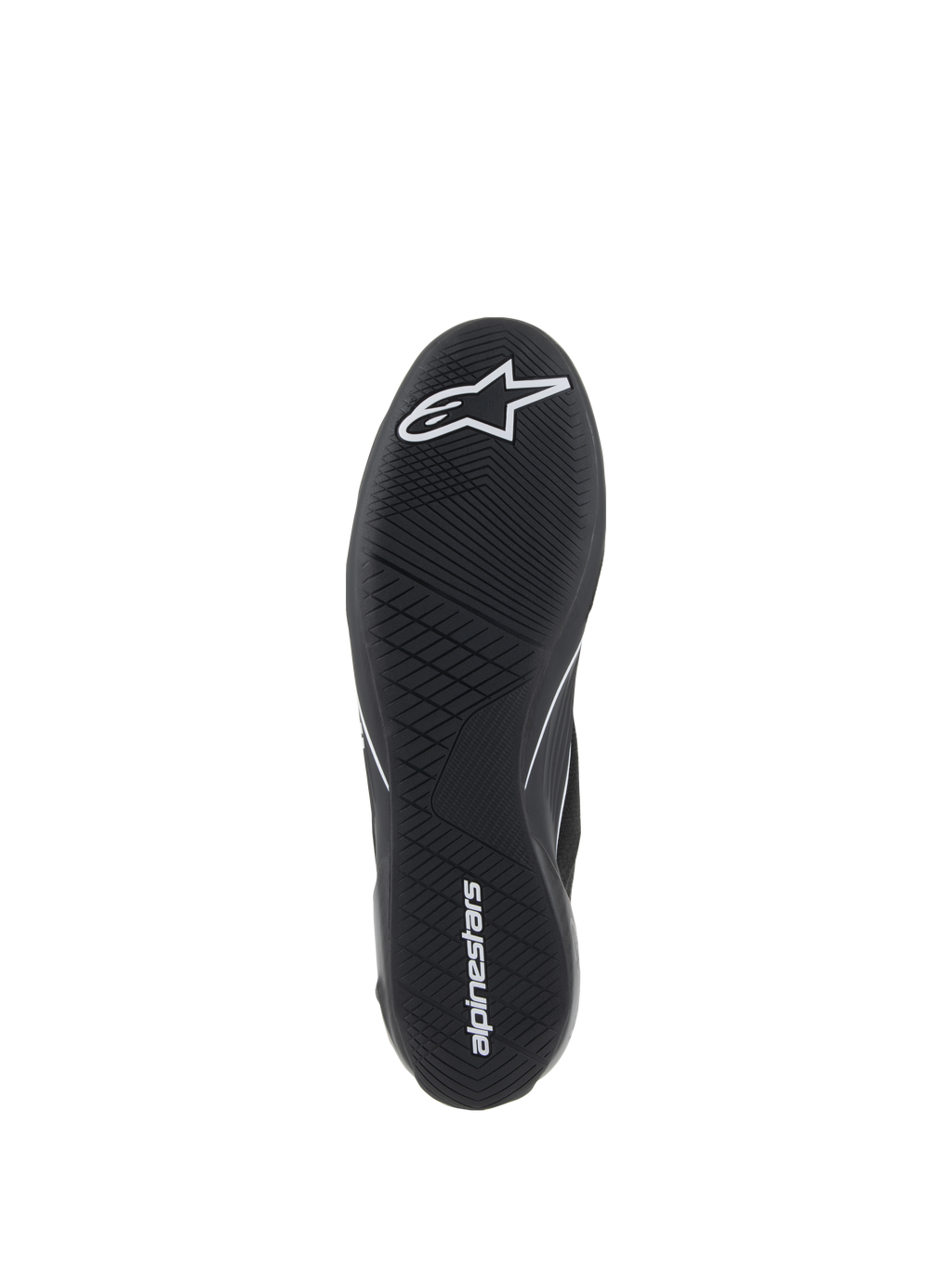 Alpinestars Supertech Shoes, scarpe da corsa automobilistica, nero, vista dal basso della suola in gomma ultra-sottile con logo a stella bianco e scritta alpinestars, caratterizzata da un battistrada asimmetrico per sensibilità sui pedali e grip
