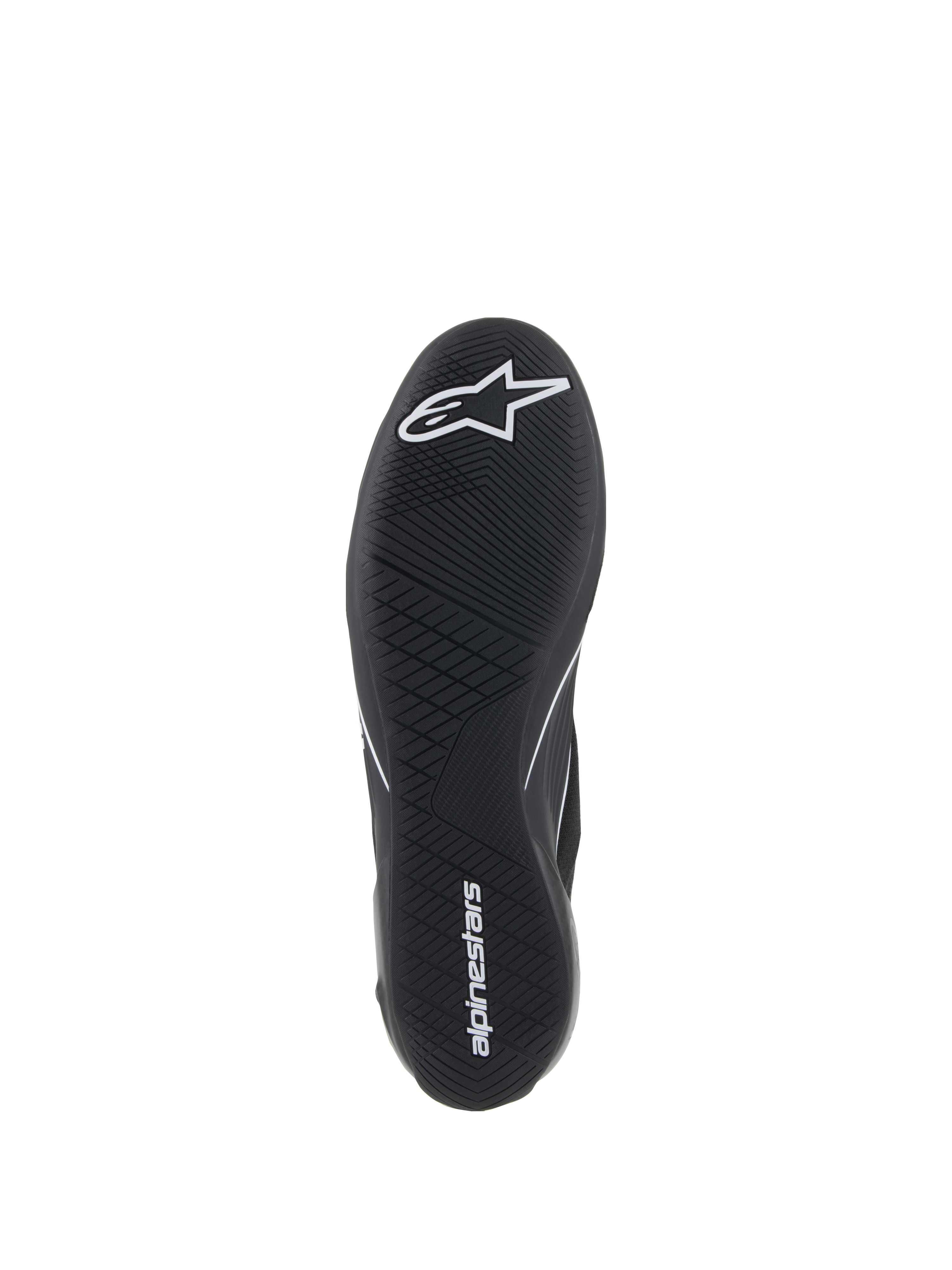 Alpinestars Supertech Shoes, scarpe da corsa automobilistica, nero, vista dal basso della suola in gomma ultra-sottile con logo a stella bianco e scritta alpinestars, caratterizzata da un battistrada asimmetrico per sensibilità sui pedali e grip