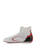 Scarpe Alpinestars Supertech - FIA/SFI, scarpe da corsa auto, bianco, rosso e nero, vista di profilo che mostra la tomaia in maglia, accenti laterali rossi e coppa del tallone in fibra di carbonio nera